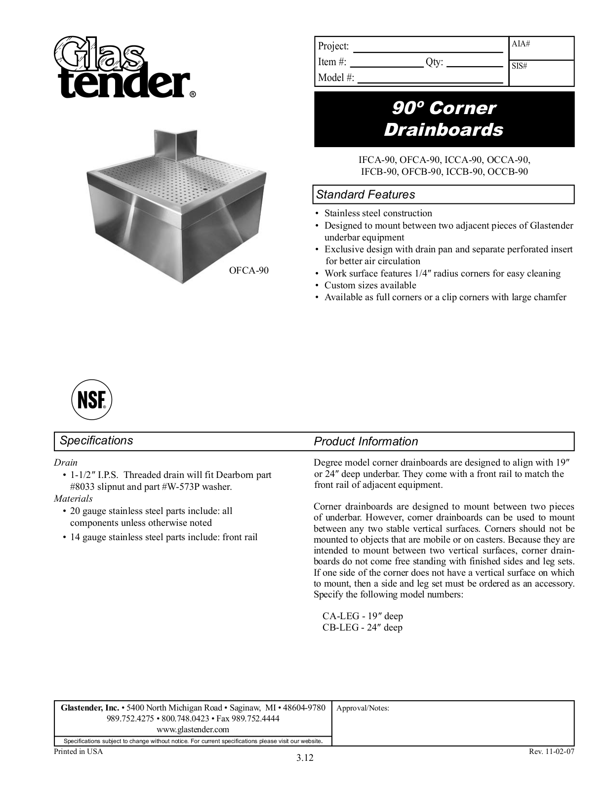 Glastender IFCA-90, OFCA-90, OCCA-90, IFCB-90, OFCB-90 General Manual