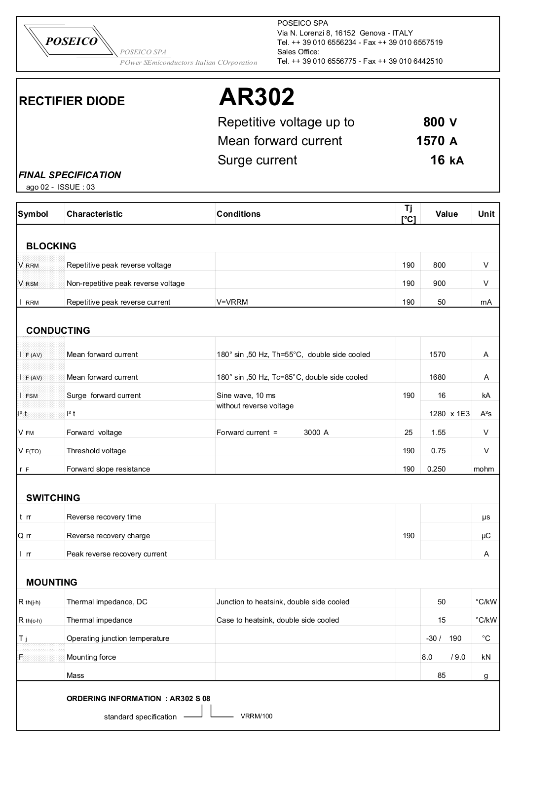 POSEICO AR302S08 Datasheet