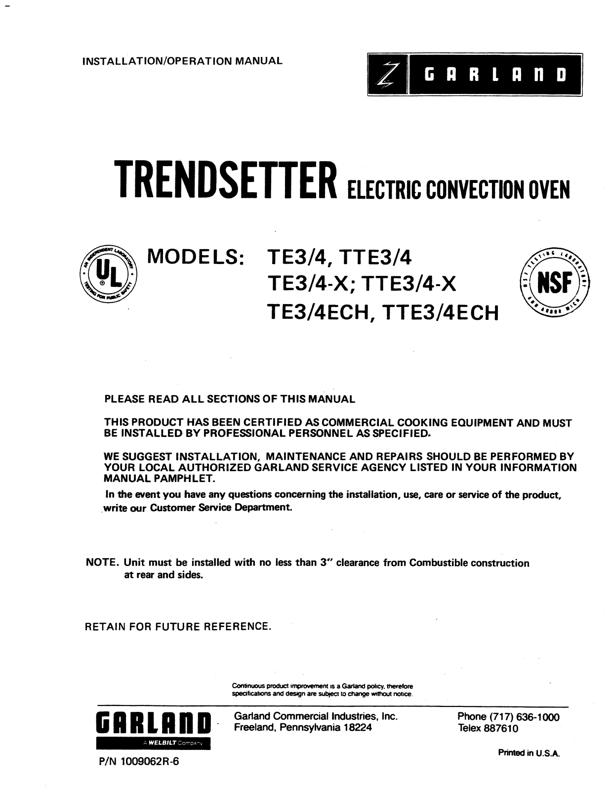 Garland TTE3-4-X, TTE3-4, TE3-4ECH, TTE3-4ECH, TE3-4-X User Manual