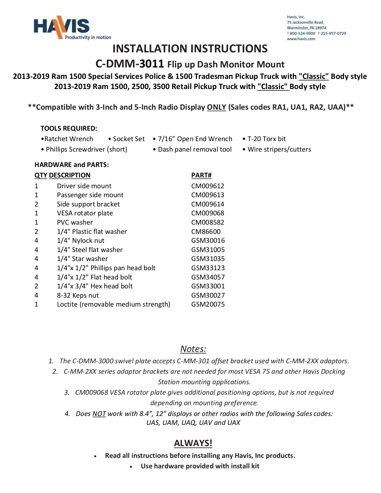 Havis C-DMM-3011 Installation Instructions Manual