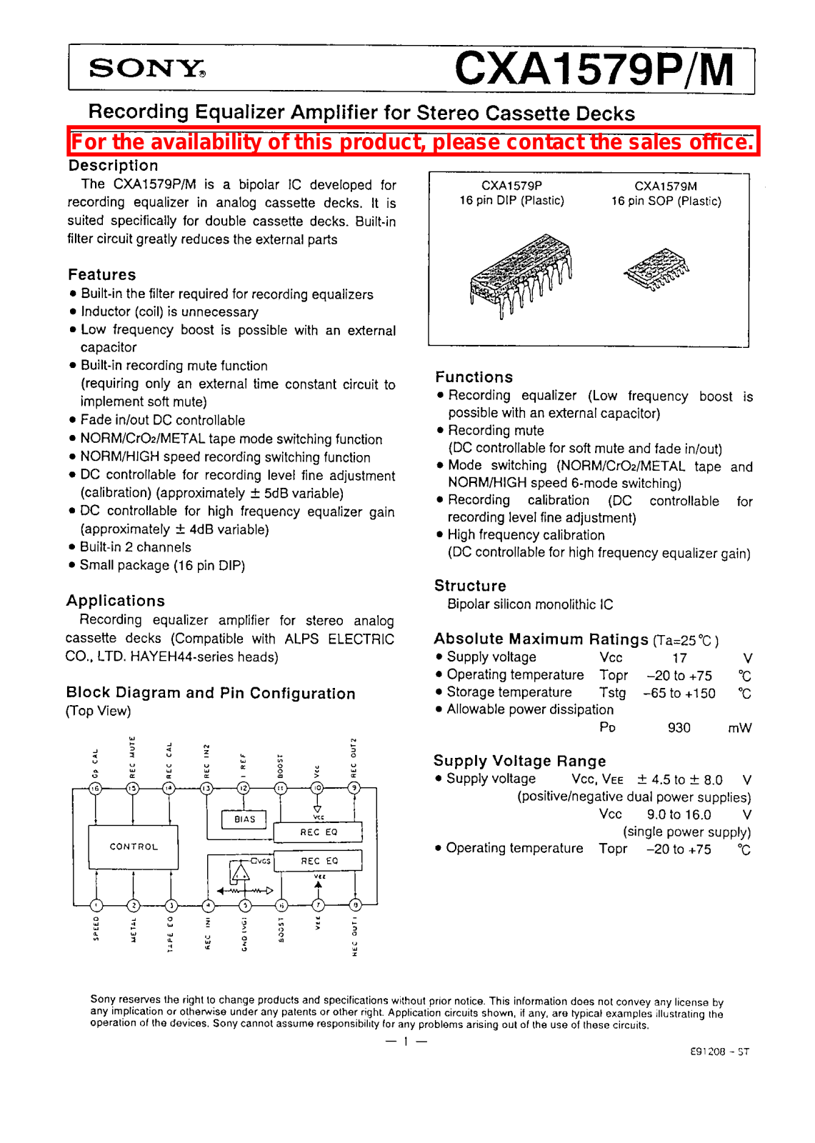 Sony CXA1579P, CXA1579M Datasheet