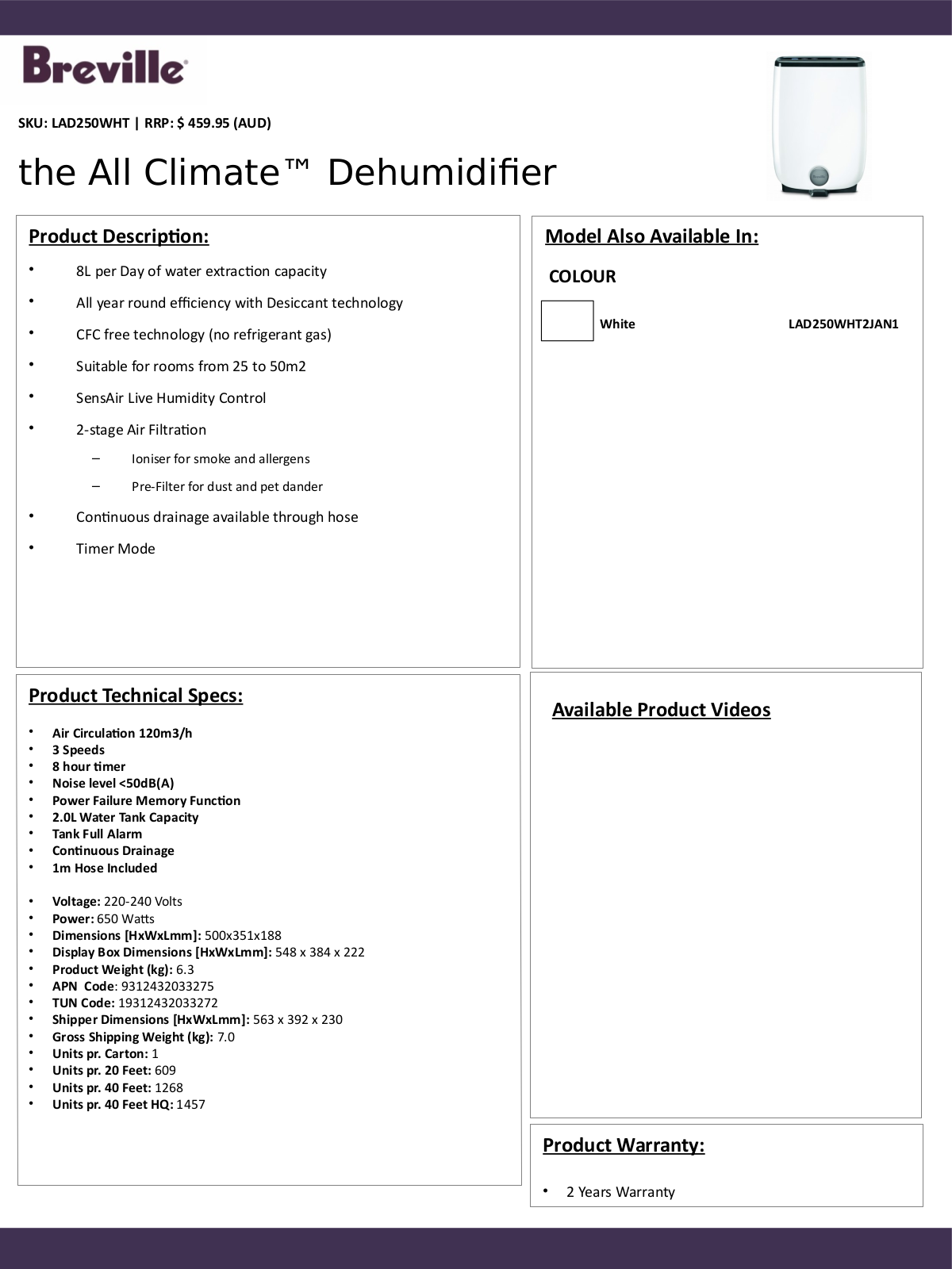 Breville LAD250WHT Specifications Sheet