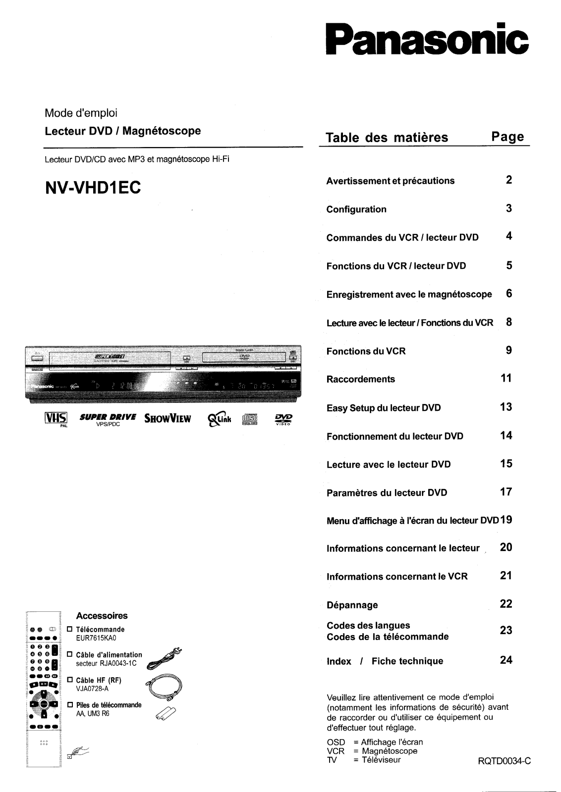 PANASONIC NV-VHD1EC User Manual