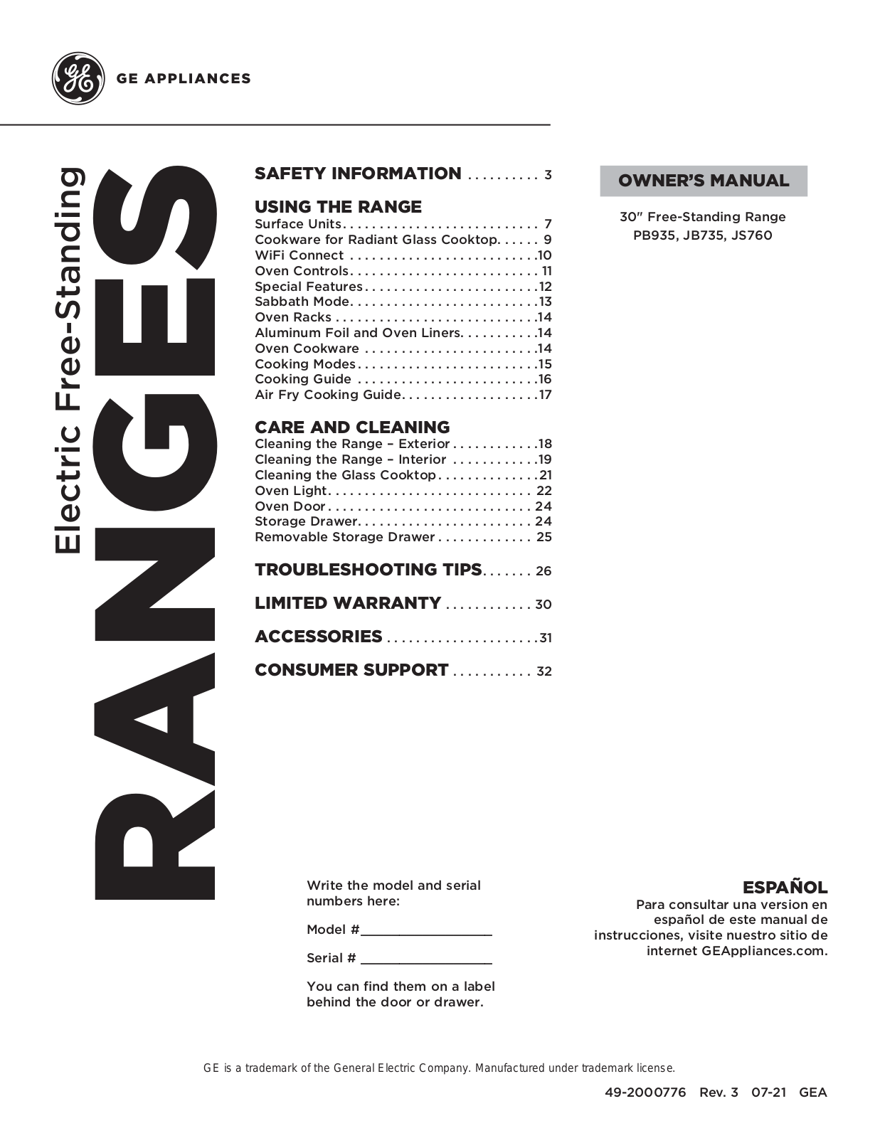 GE PB935, JB735, JS760 Owner’s Manual