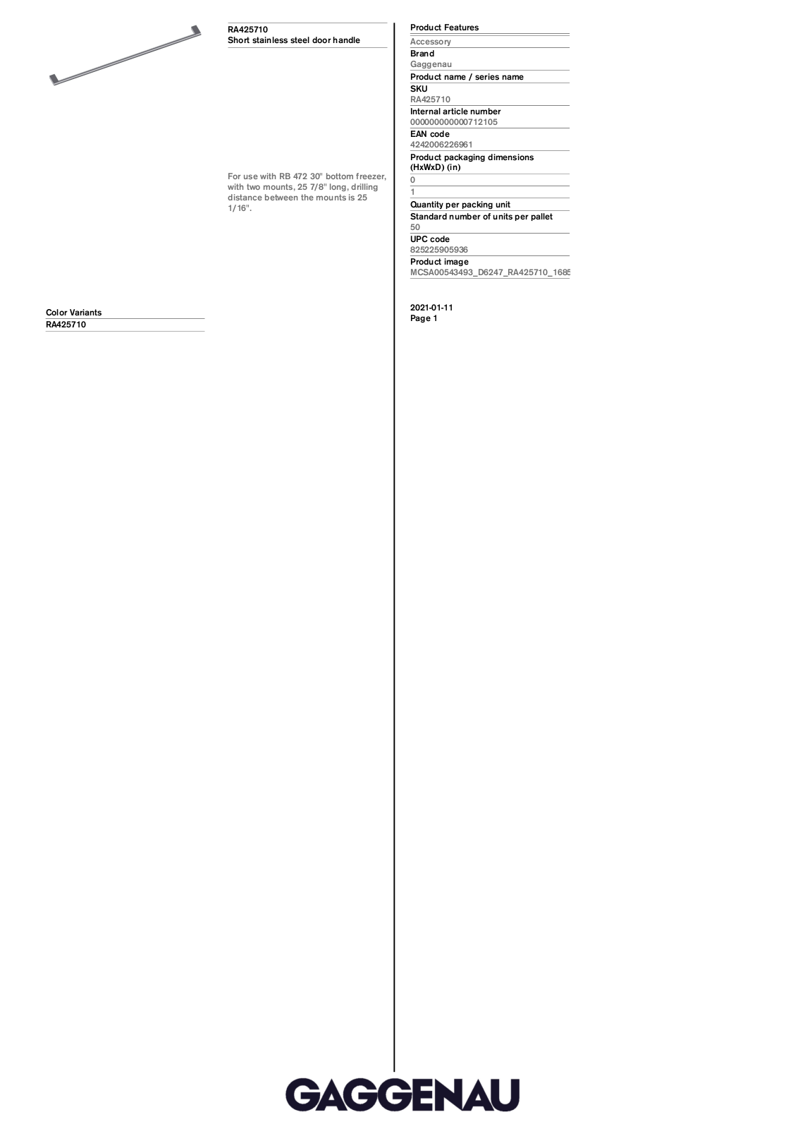 Gaggenau RA425710 Specification Sheet