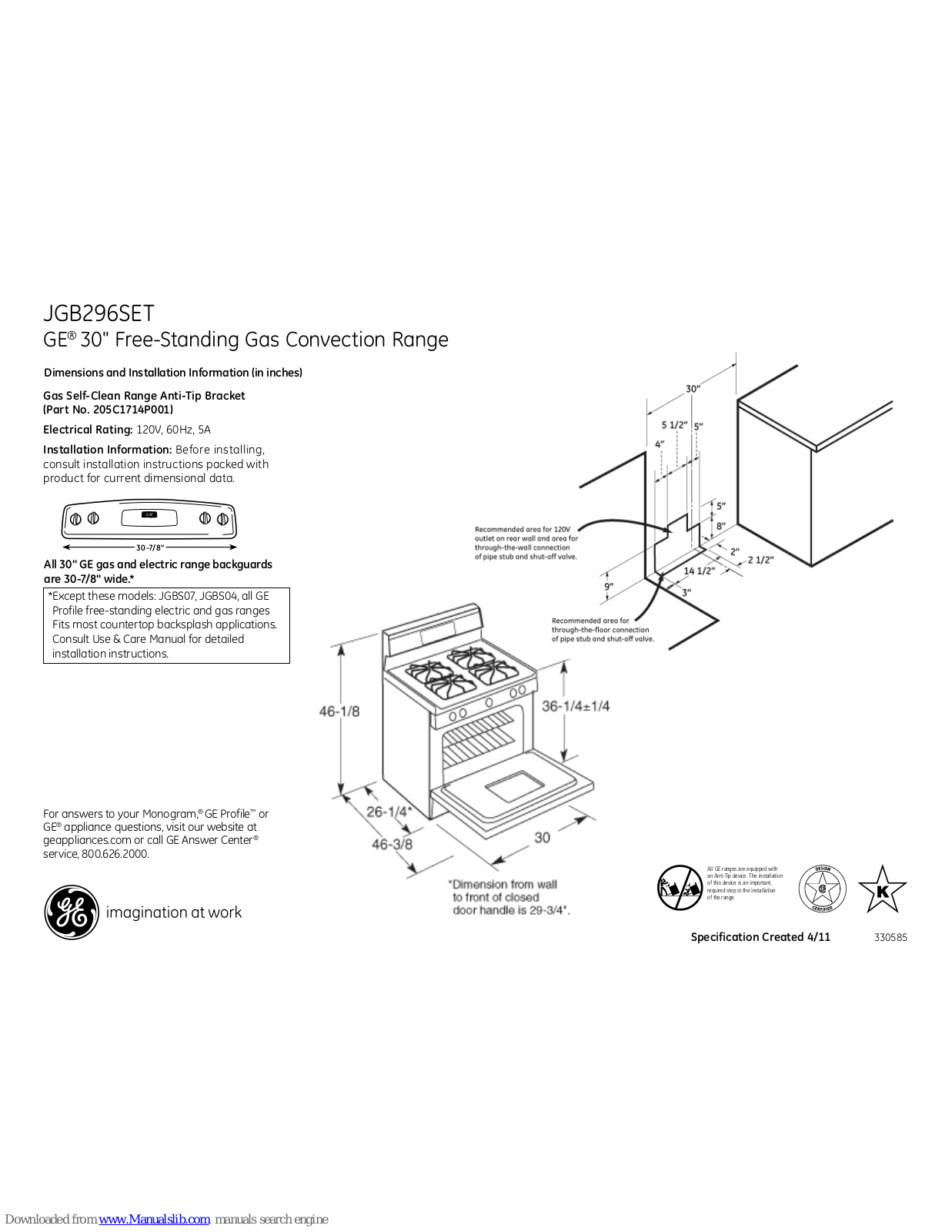 GE JGB296SETSS, JGB296SET Dimensions And Installation Information - ManualMachine.com