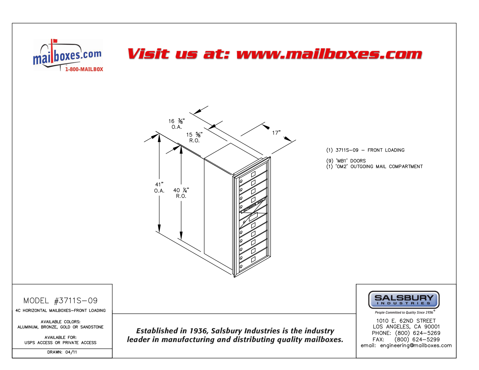 Salsbury Industries 3711S09ZFP User Manual