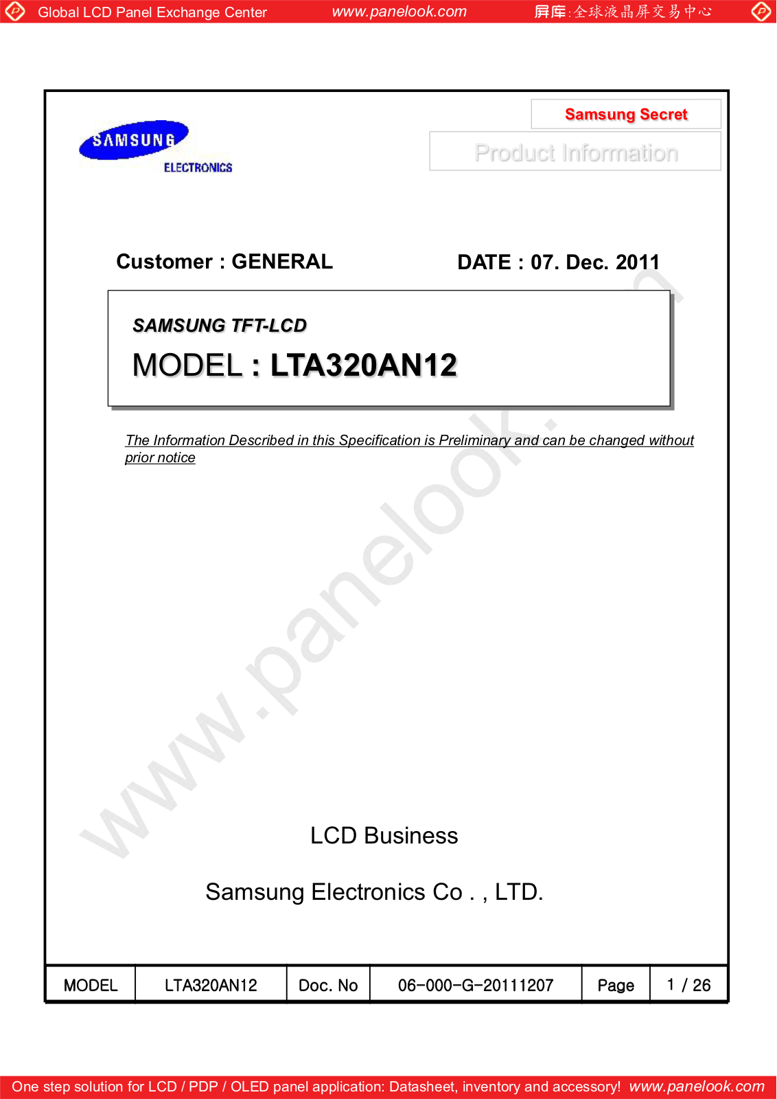 SAMSUNG LTA320AN12 Specification