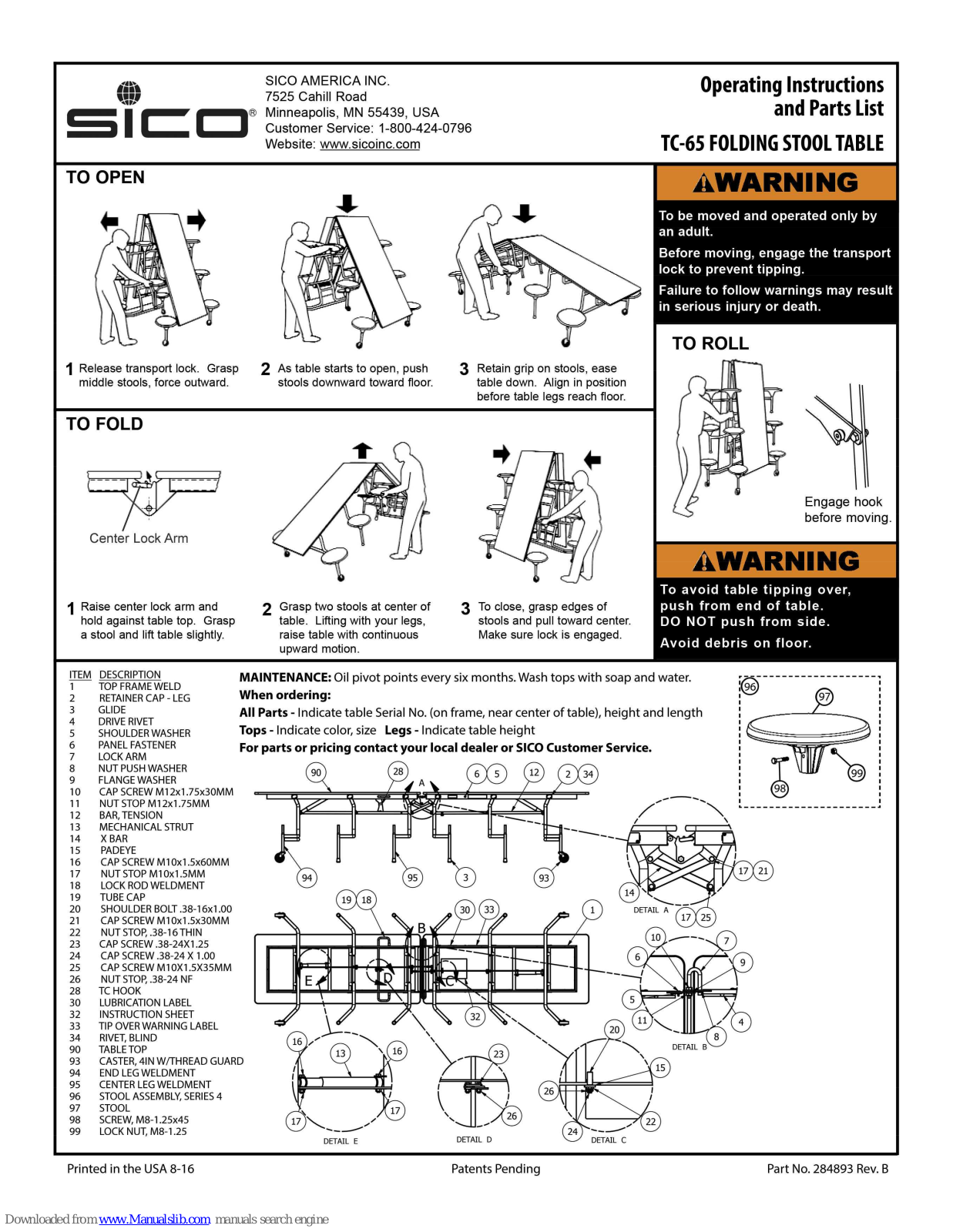 SICO TC-65 Operating Instructions And Parts List Manual