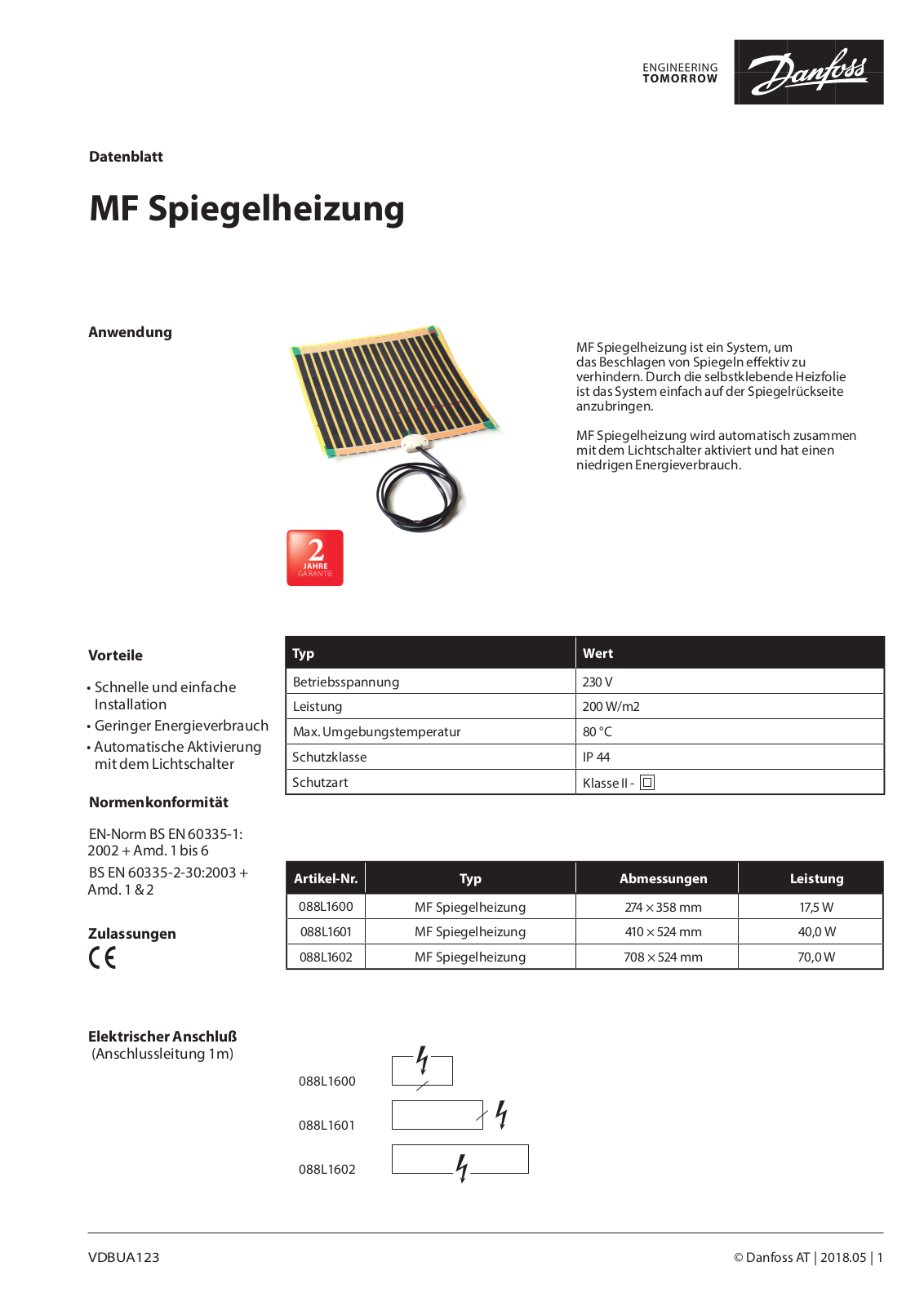 Danfoss MF Spiegelheizung Data sheet