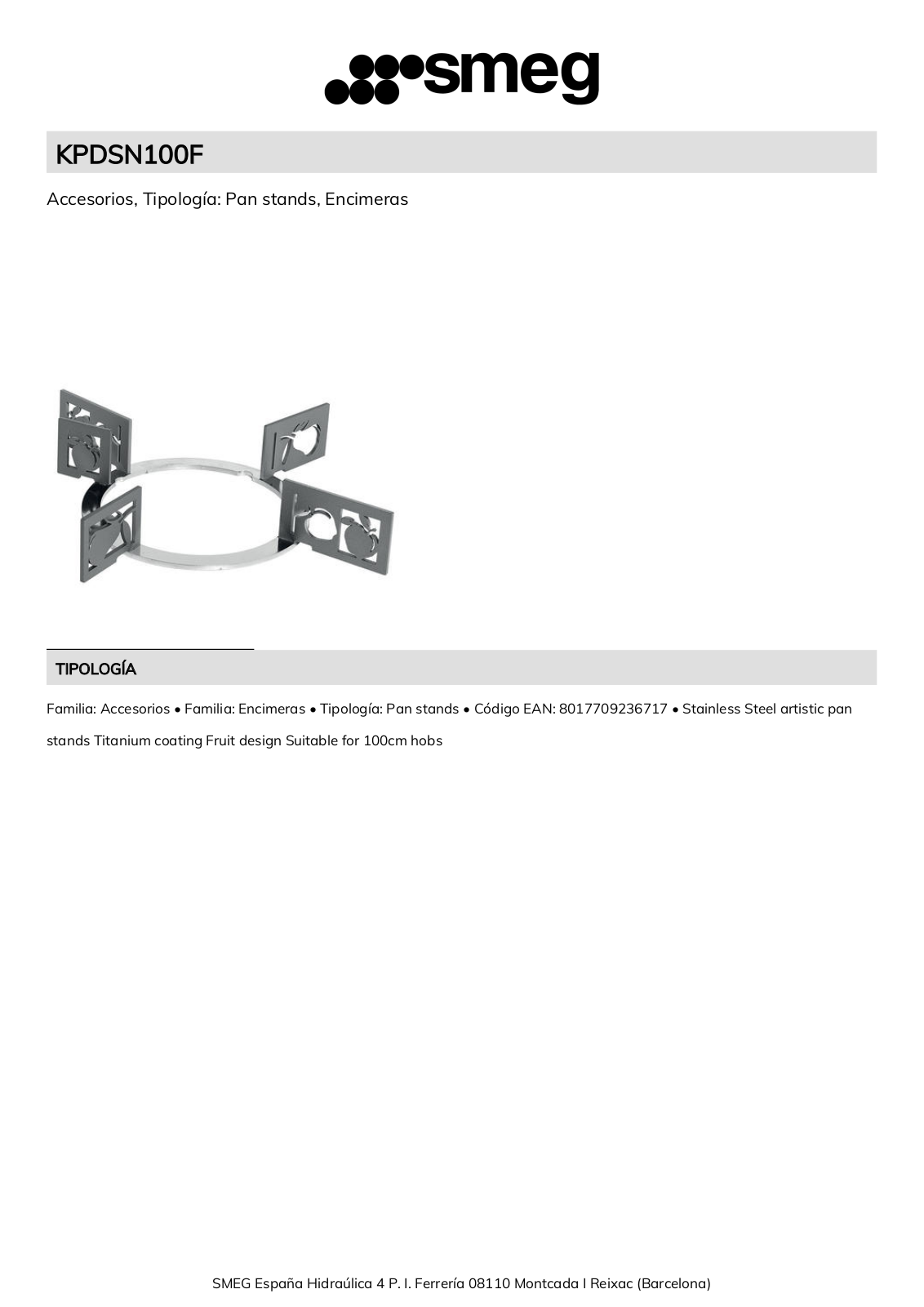 Smeg KPDSN100F Product Information Sheet