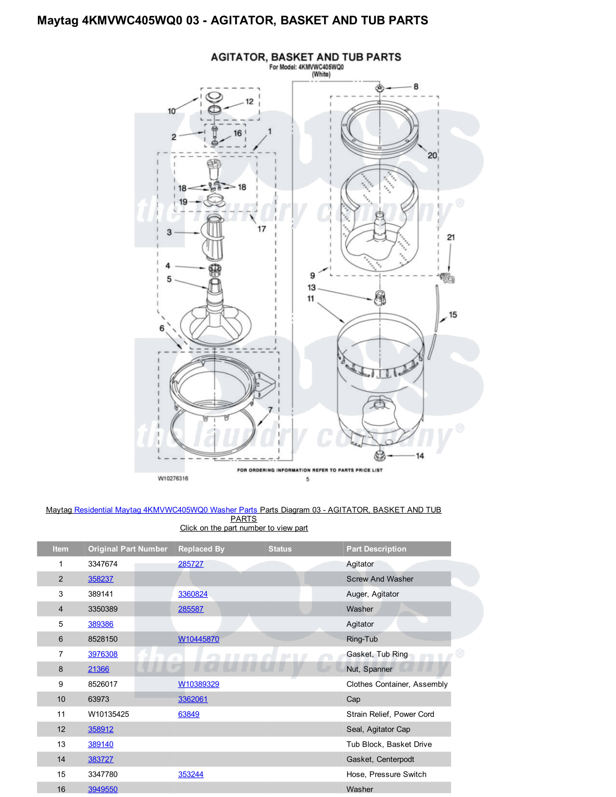 Maytag 4KMVWC405WQ0 Parts Diagram