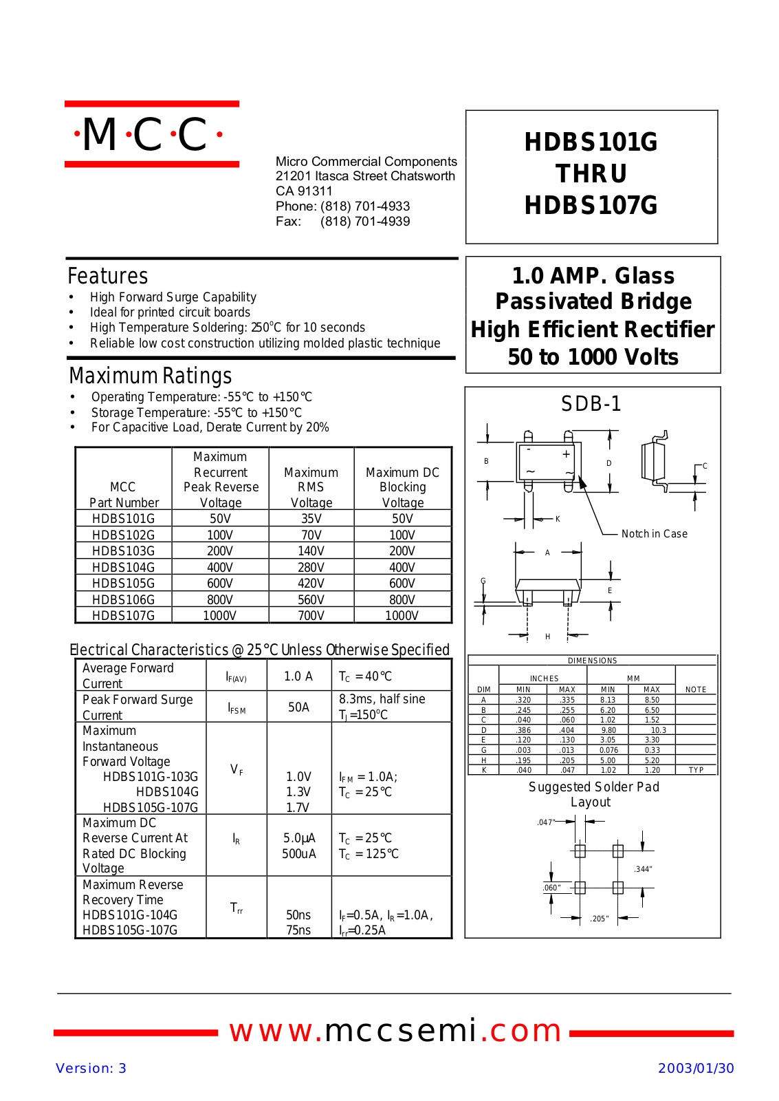 MCC HDBS105G, HDBS104G, HDBS103G, HDBS102G, HDBS101G Datasheet