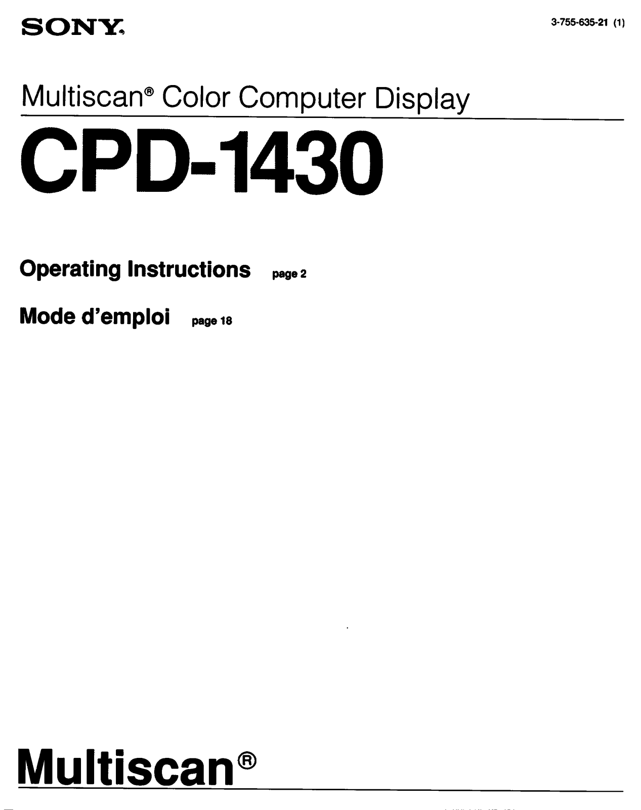 Sony CPD-1430 Operating Instructions