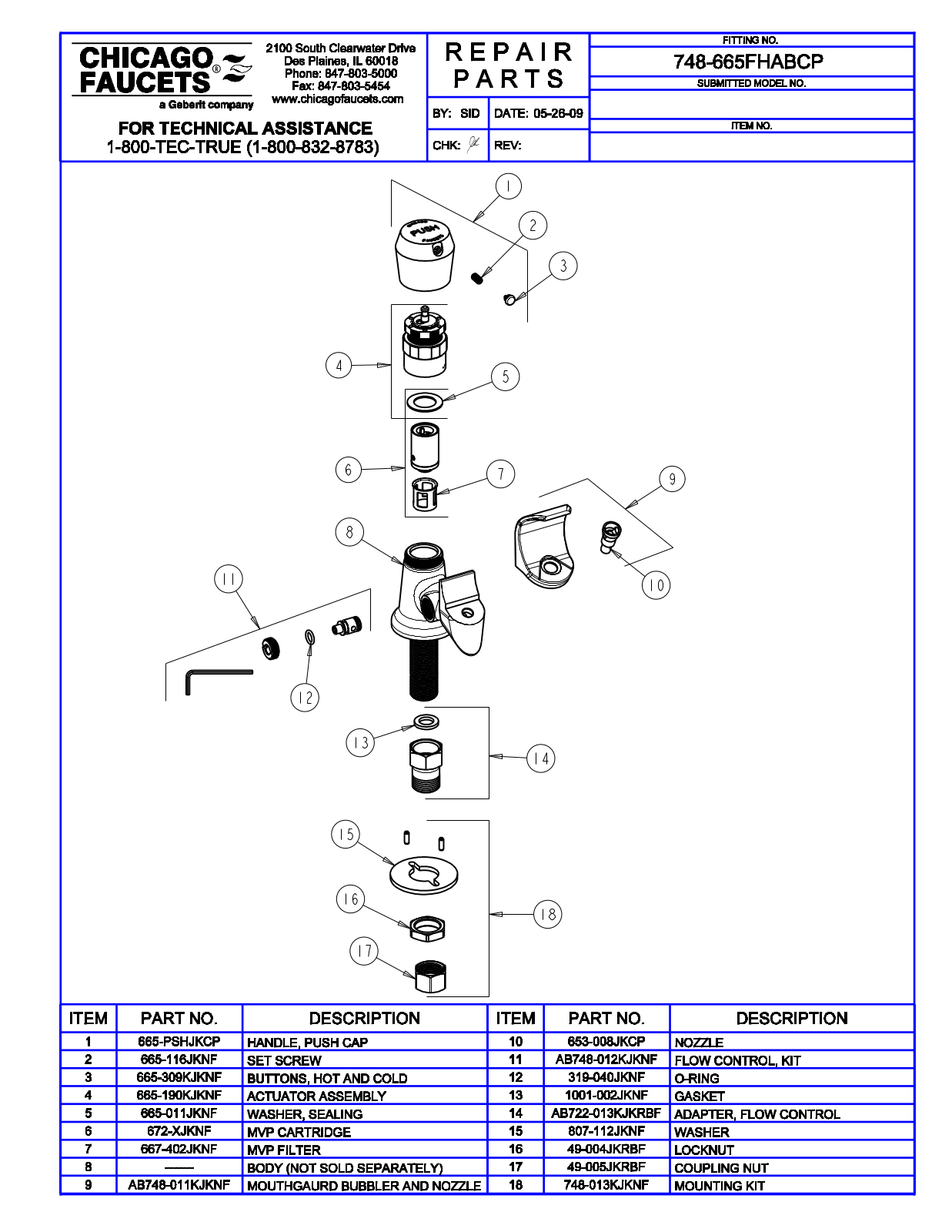 Chicago Faucet 748-665FHABCP Parts List