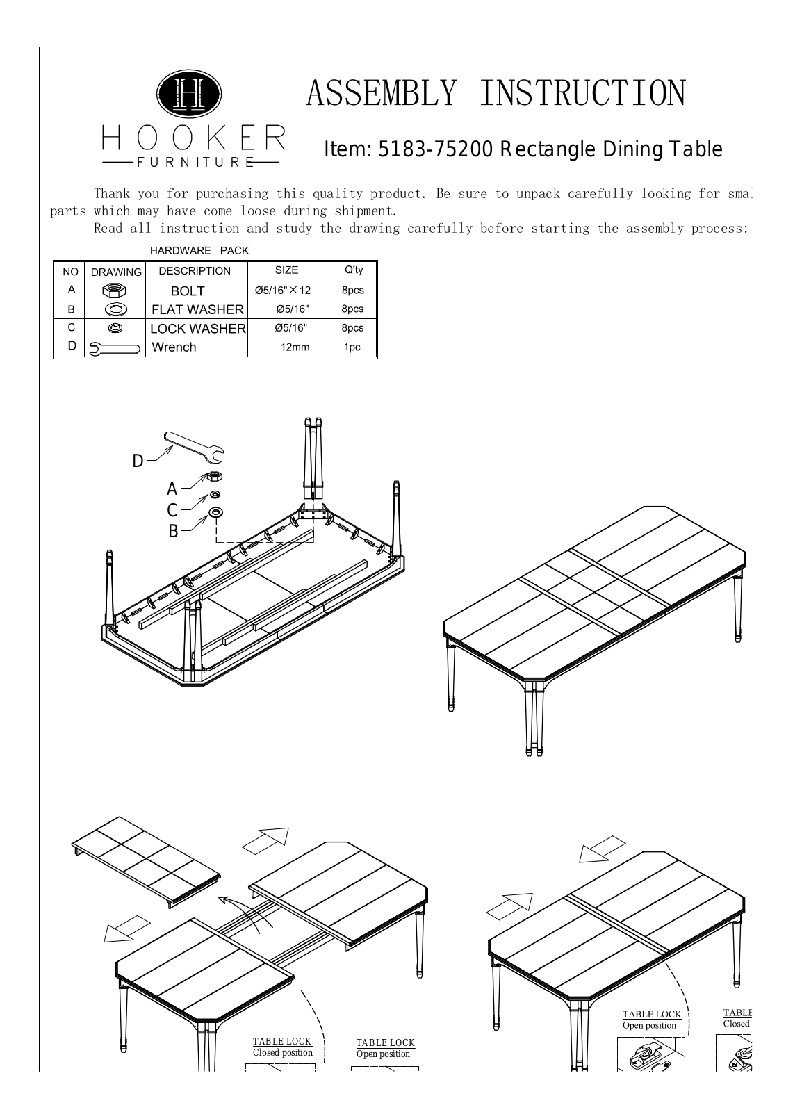 Hooker Furniture 518375200 Assembly Guide