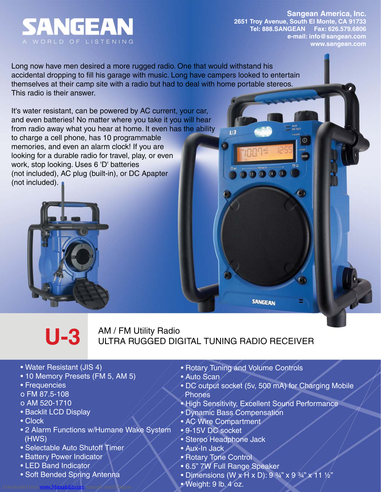 Sangean Utility Radio- U-3 Specification Sheet