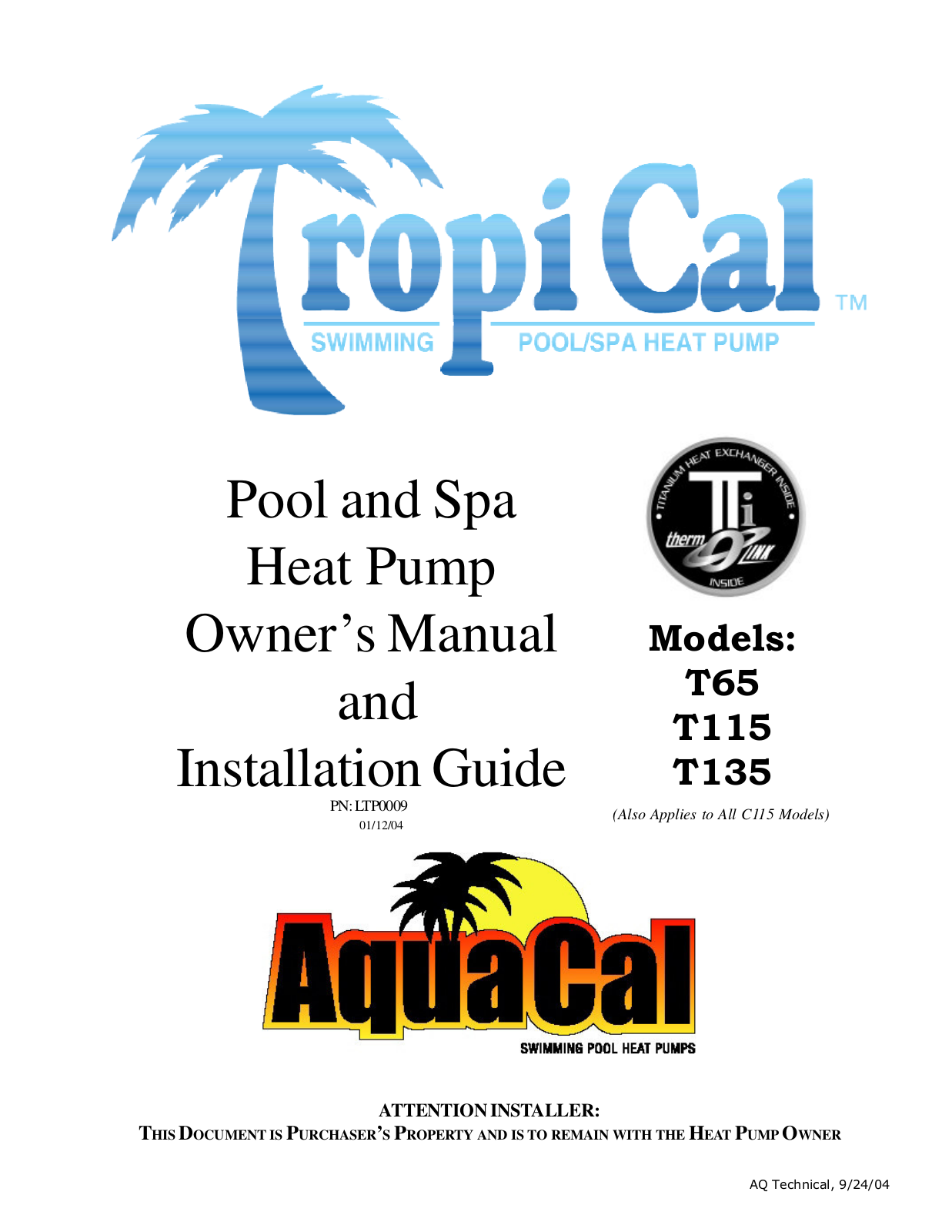 Aquacal T115, T65, T135 User Manual