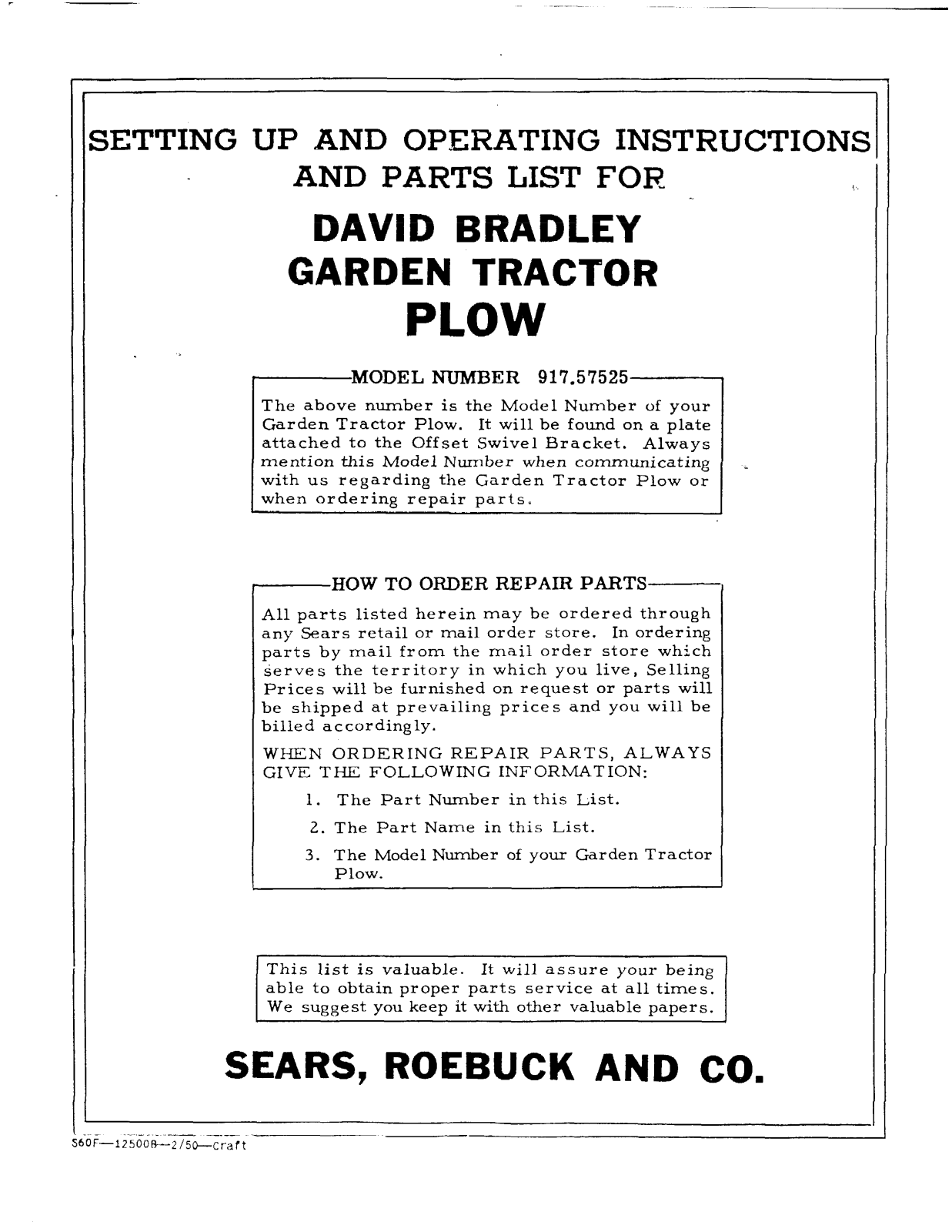 David Bradley 917.57525 Operating instructions