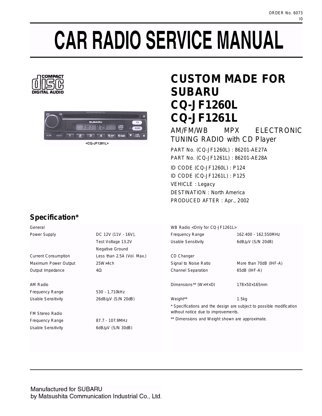 Panasonic CQJF-1261-L, CQJF-1260-L Service manual