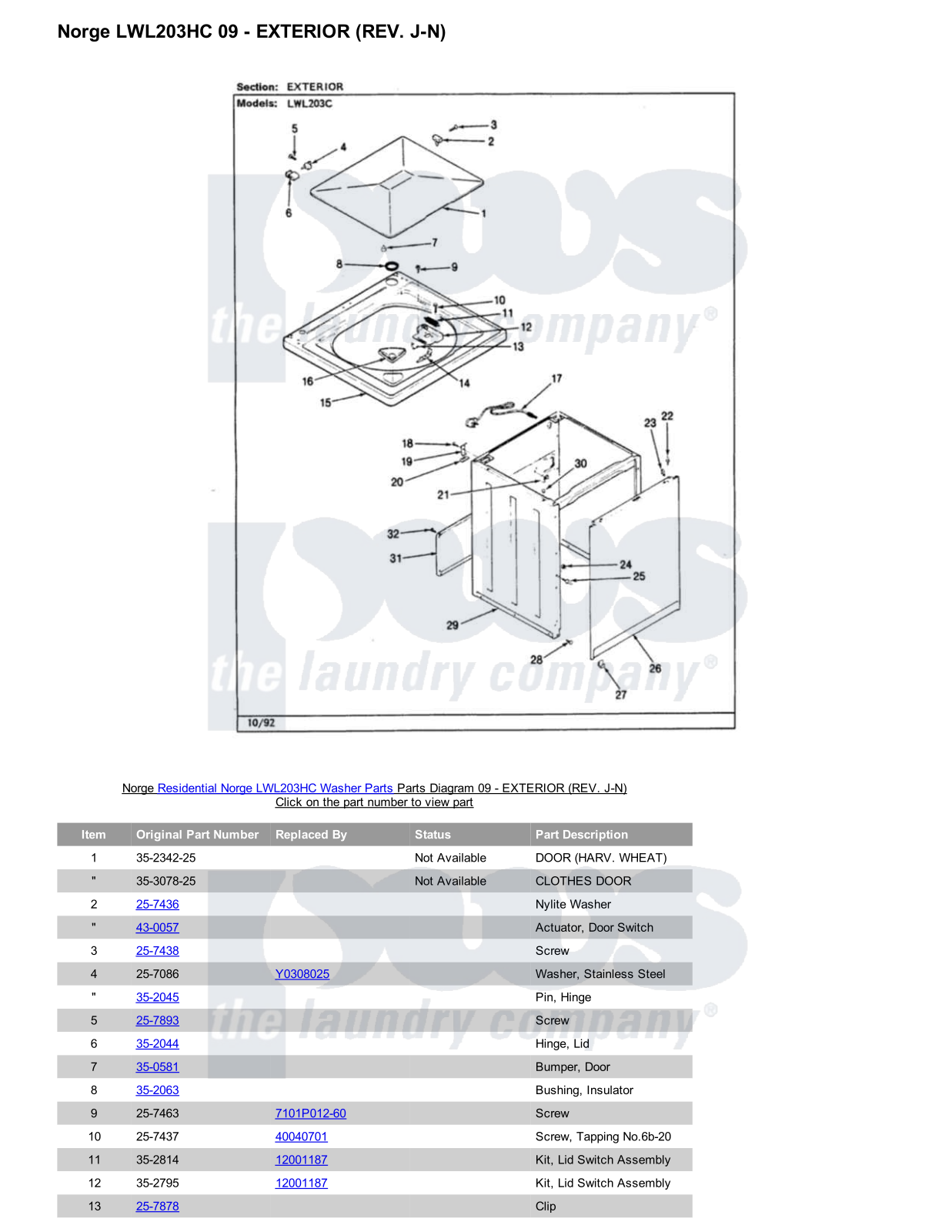 Norge LWL203HC Parts Diagram