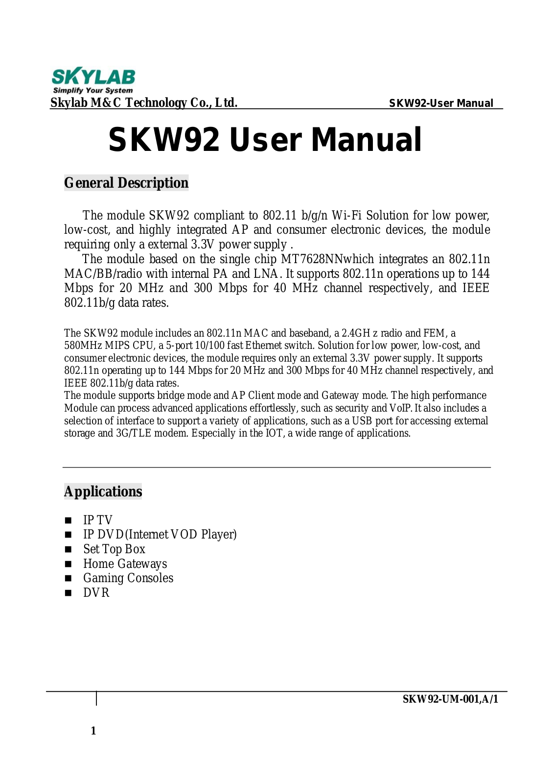 Skylab M and C Technology SKW92 User Manual - ManualMachine.com