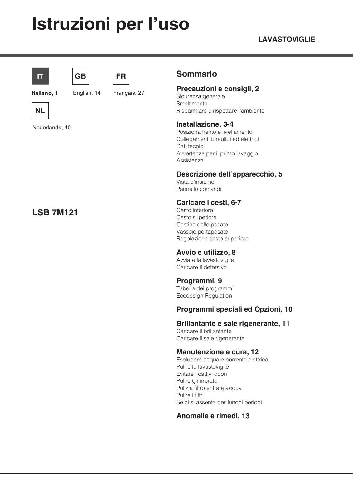 Hotpoint LSB 7M121 W EU, LSB 7M121 X EU, LSB 7M121 B EU User Manual