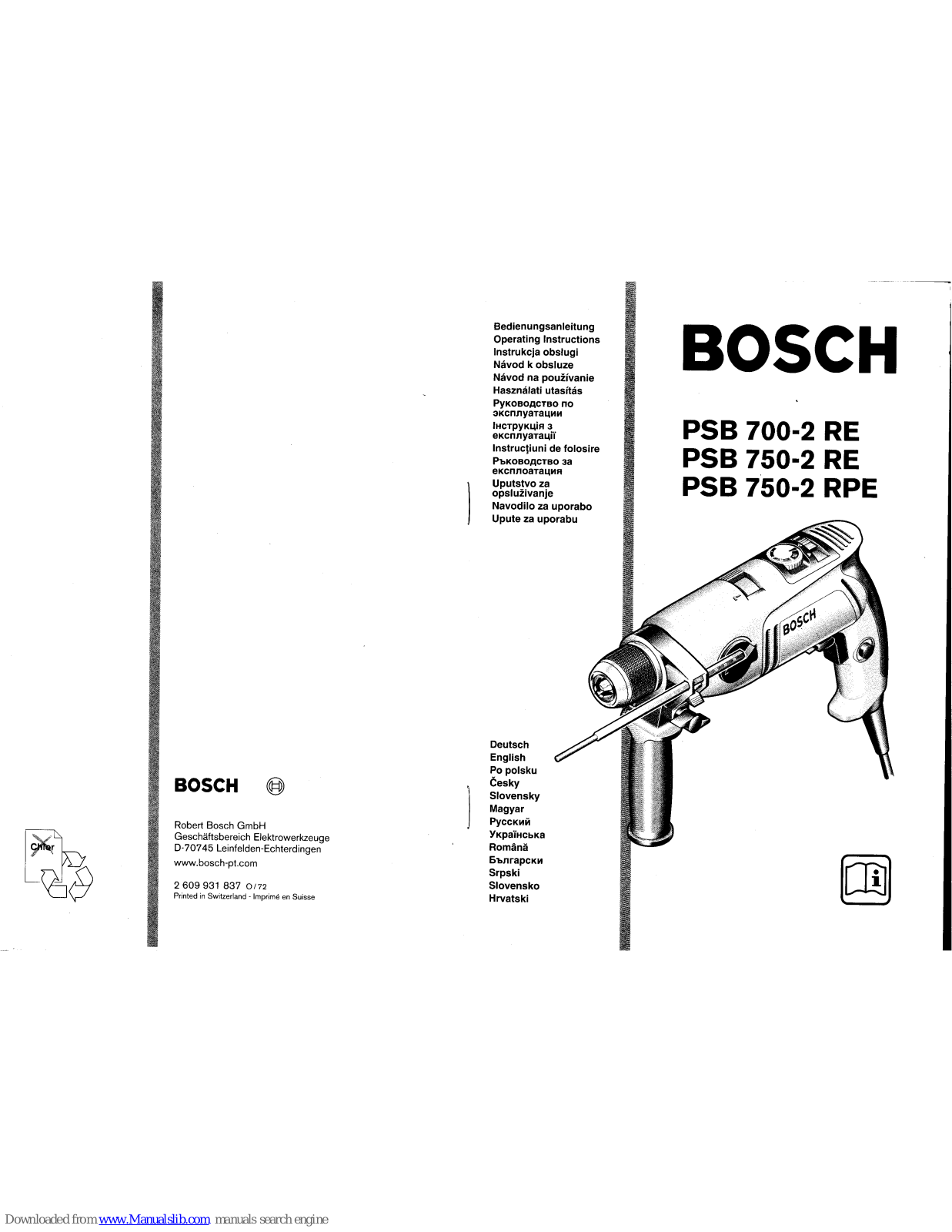 Bosch PSB 700-2 RE, PSB 750-2 RE, PSB 750-2 RPE Operating Instructions Manual