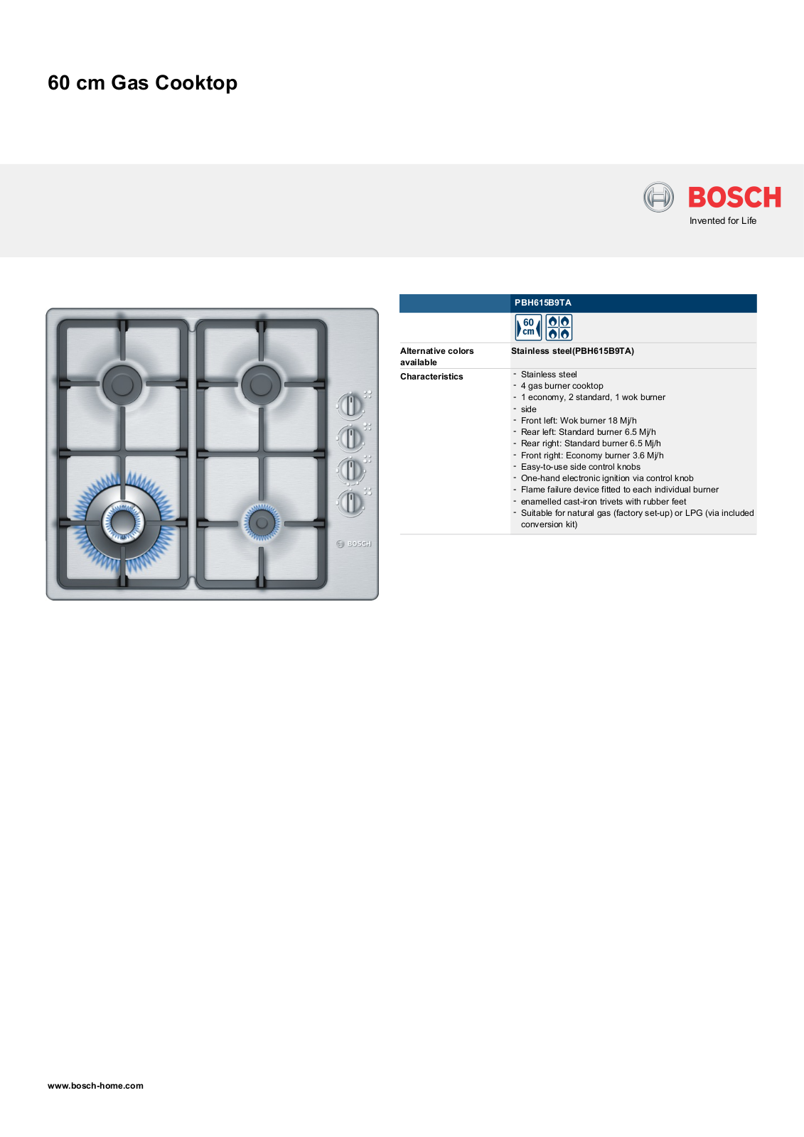 Bosch PBH615B9TA Product Sheet