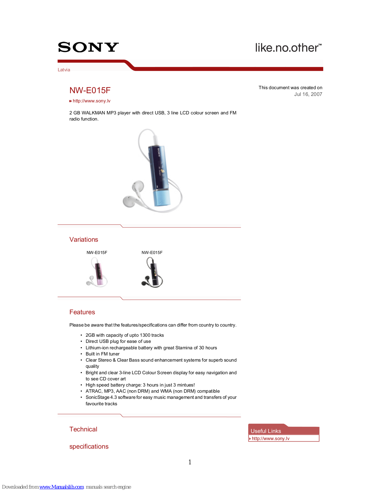 Sony NWE015FB,Walkman NW-E015F Specifications