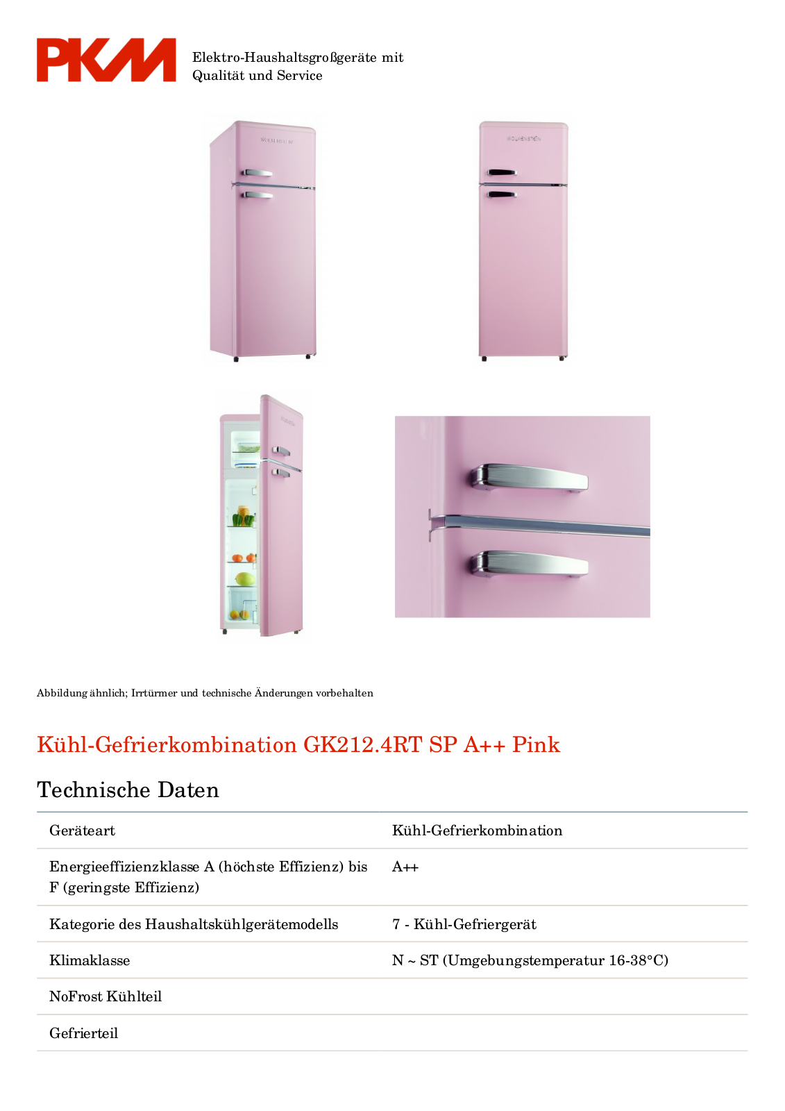 Wolkenstein GK212.4RT SP A++ Pink Service Manual