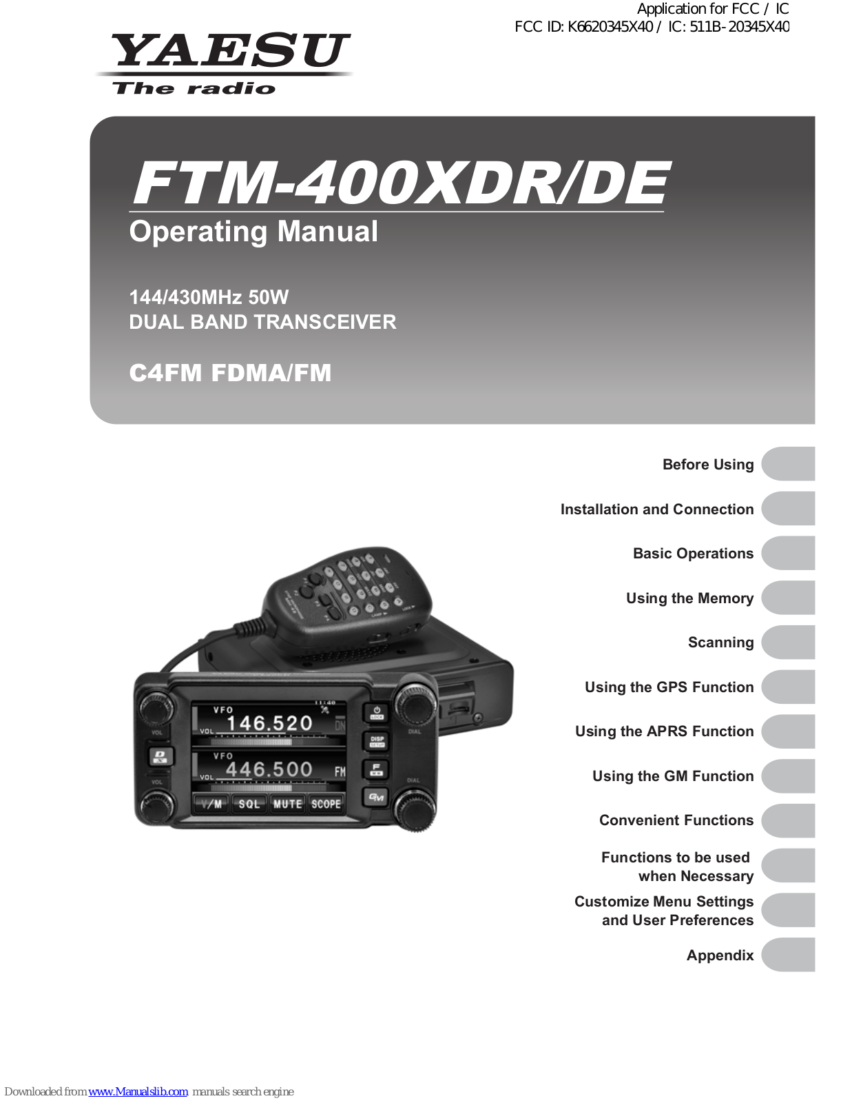 Yaesu FTM-400XDR, FTM-400XDE Operating Manual