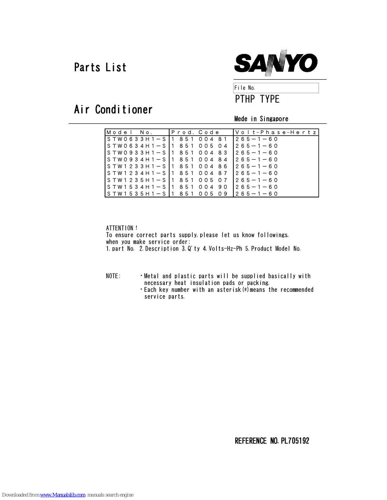 Sanyo STW0633H1-S,STW0634H1-S,STW0933H1-S,STW0934H1-S,STW1233H1-S,STW1234H1-S,STW1235H1-S,STW1534H1-S,STW1535H1-S Parts List