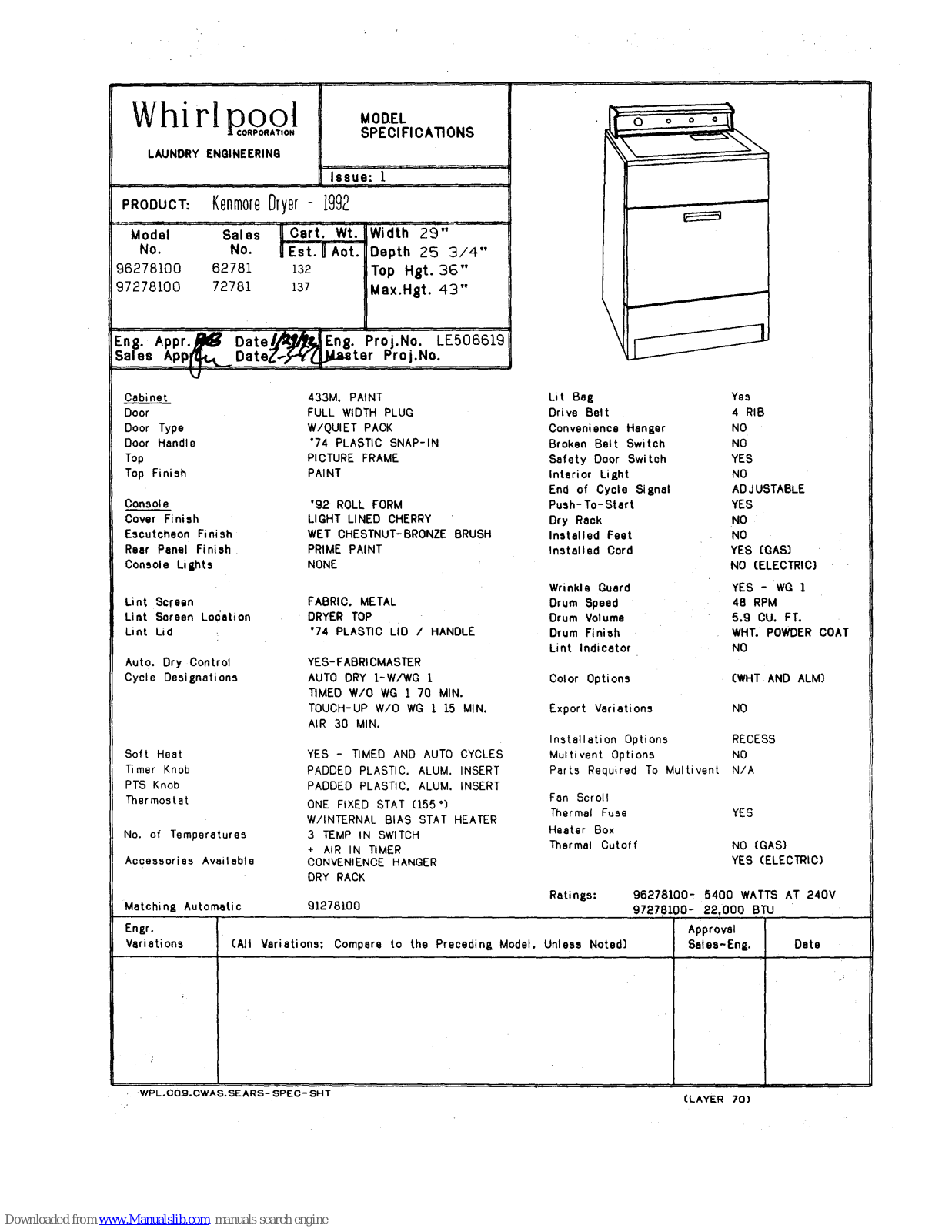 Kenmore 96278100, 97278100 Specifications - ManualMachine.com