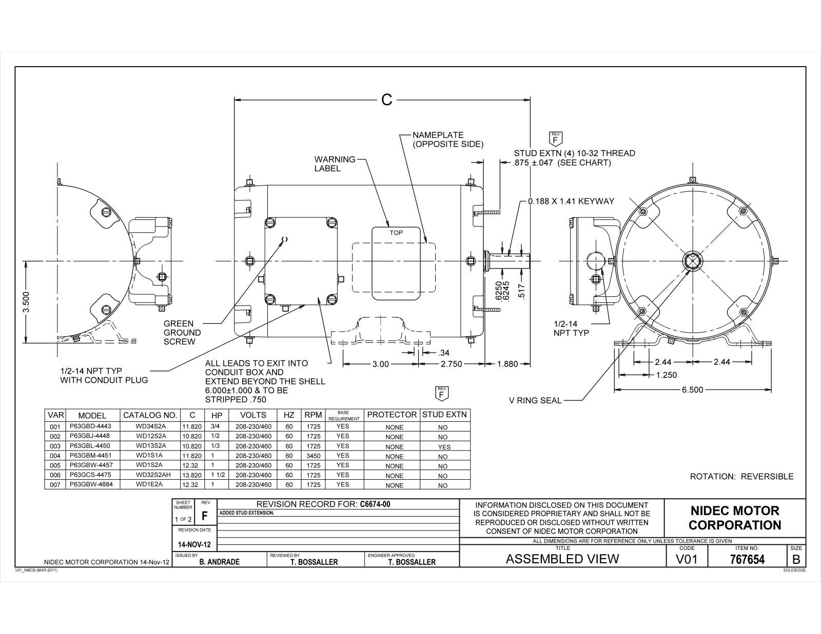 US Motors WD34S2A, WD12S2A, WD13S2A, WD1S1A, WD1S2A Dimensional Sheet