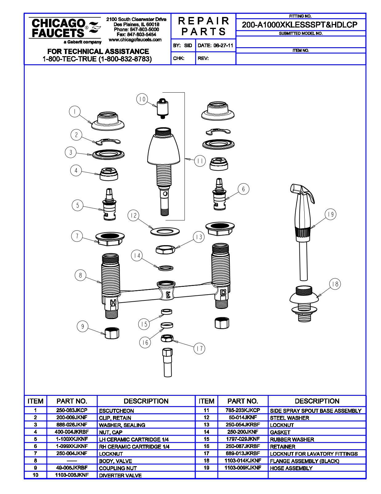 Chicago Faucet 200-A1000XKLEHDL Parts List