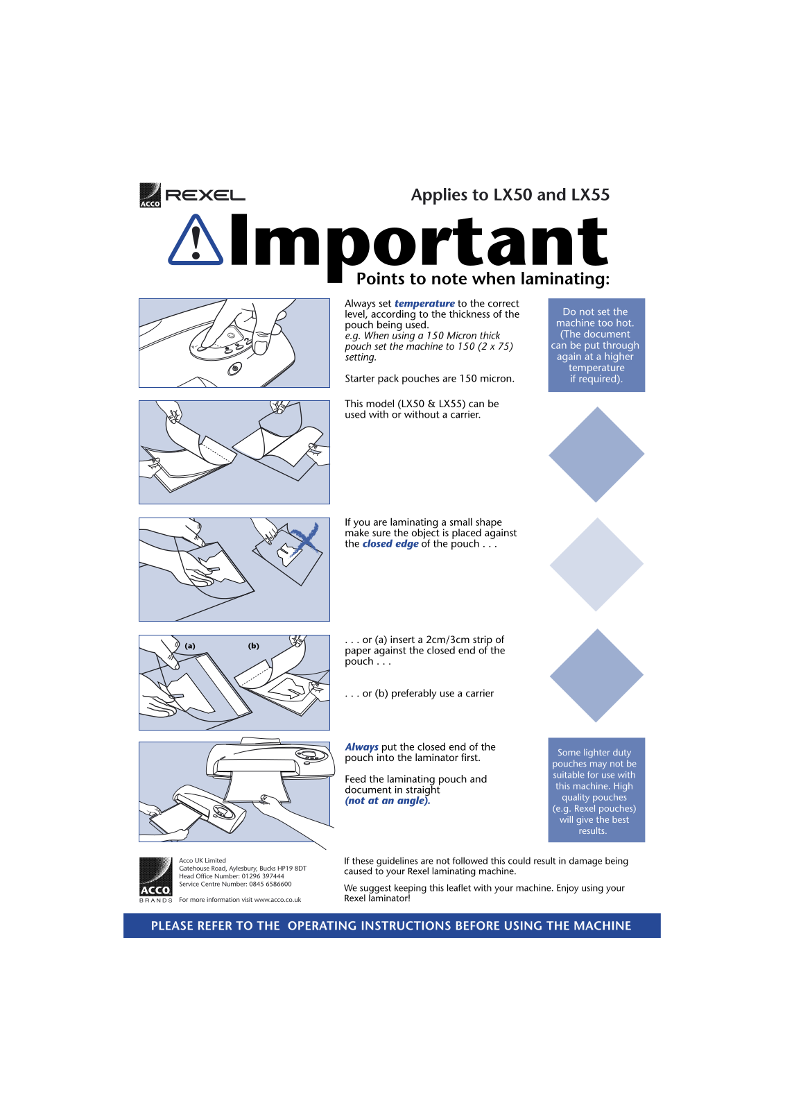 Acco LX55, LX50 Important notes