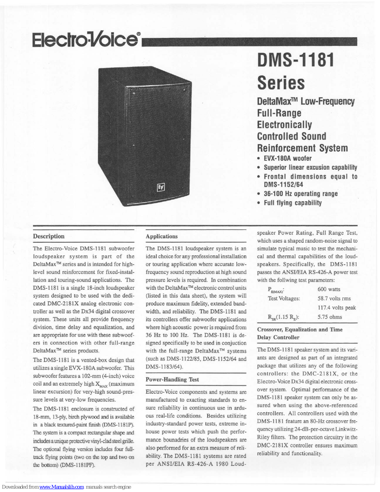 Electro-Voice DeltaMax DMS-1181 Series Specification Sheet