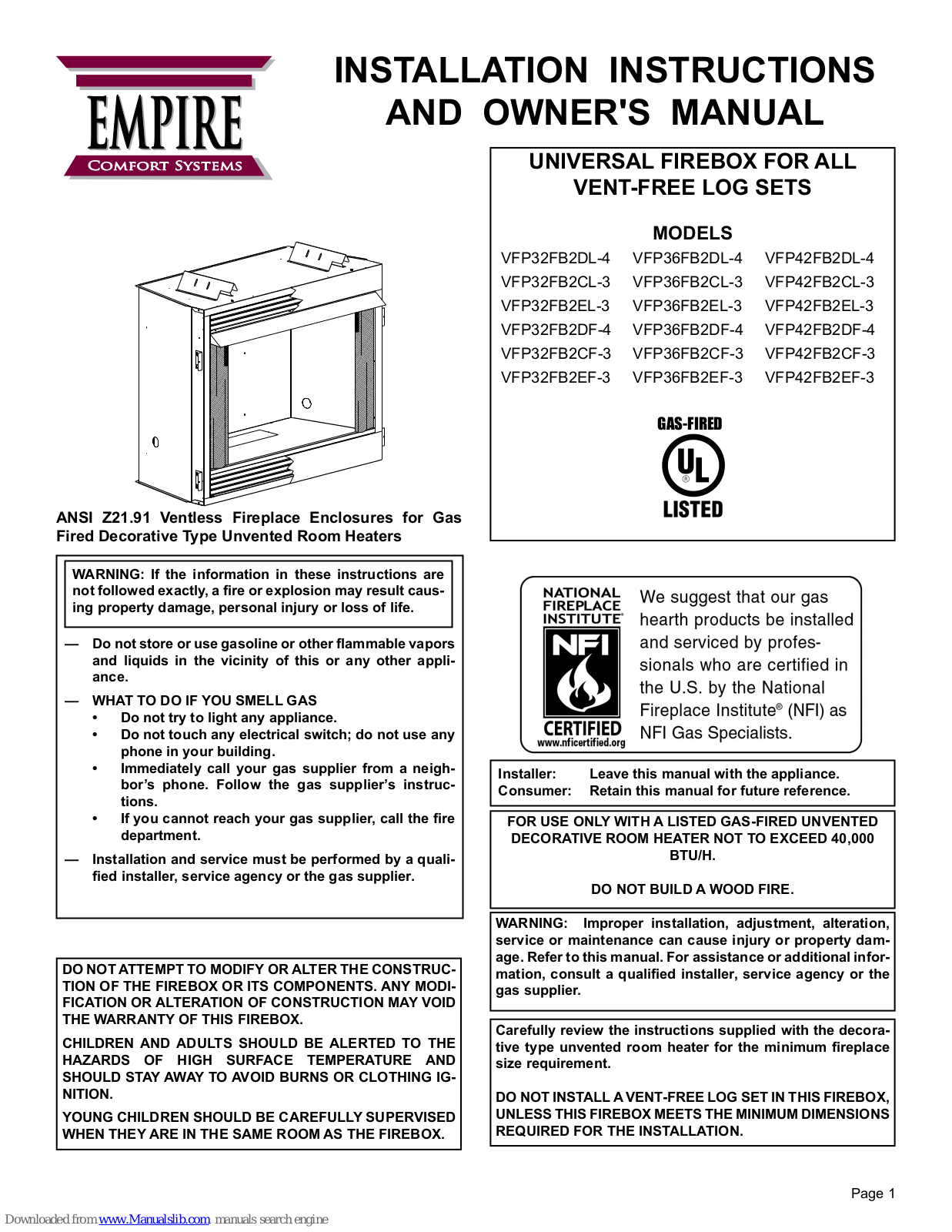 Empire Comfort Systems VFP36FB2CL-3, VFP36FB2DL-4, VFP42FB2CL-3, VFP32FB2EL-3, VFP36FB2EL-3 Installation Instructions And Owner's Manual