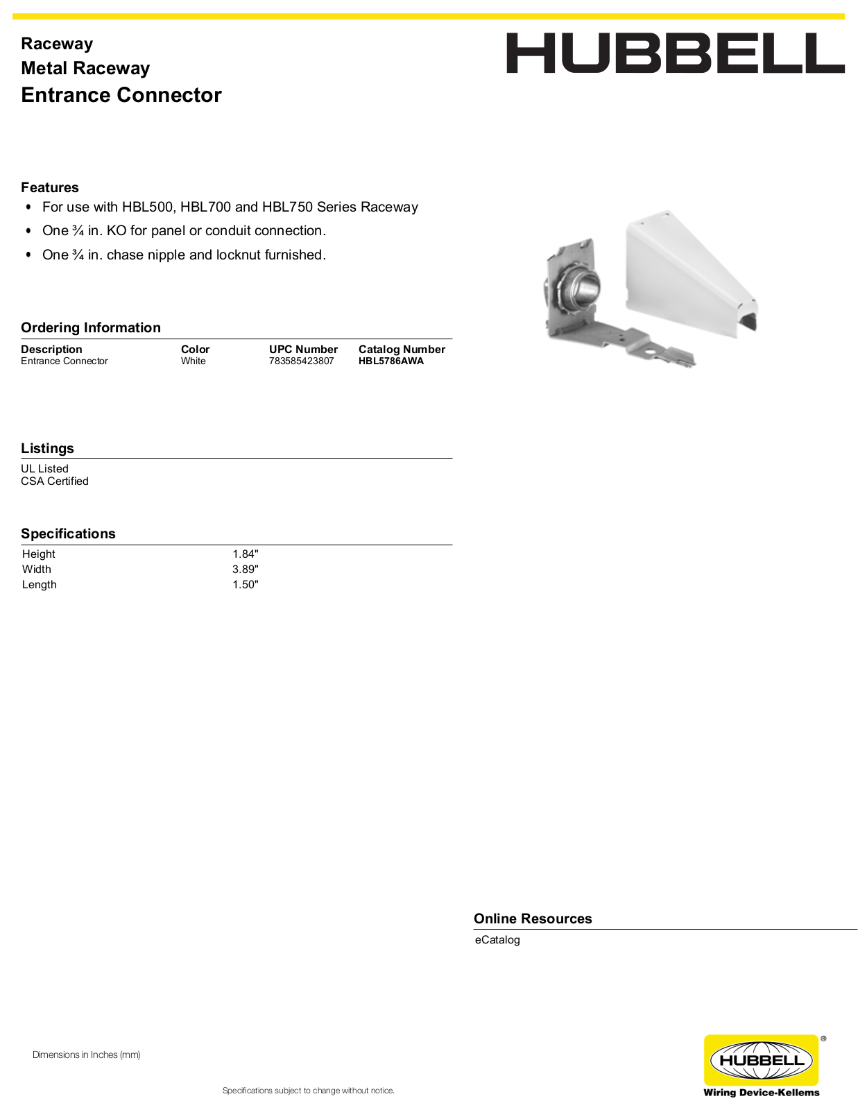 Hubbell HBL5786AWA Specifications