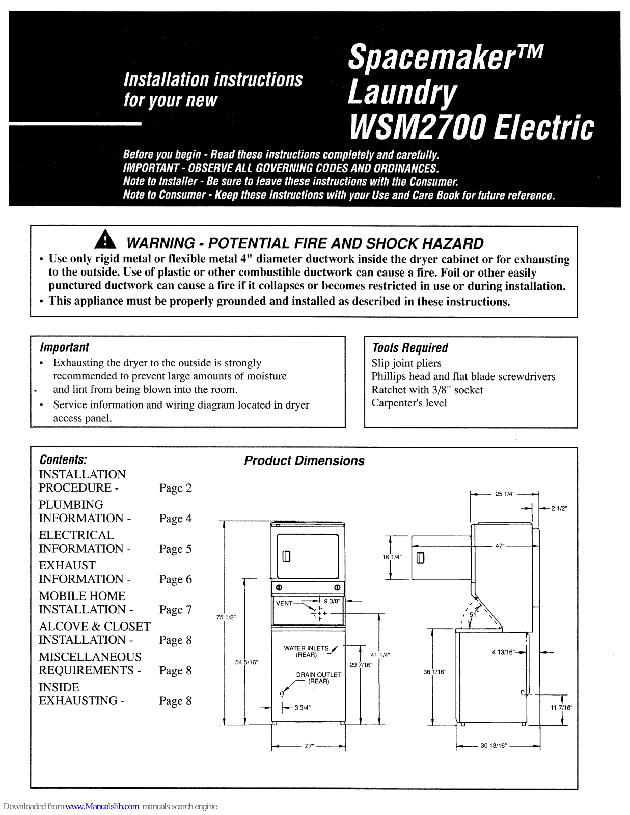 GE Spacemaker WSM2700D, Spacemaker WSM2700W, Spacemaker WSM2700 Installation Instructions Manual