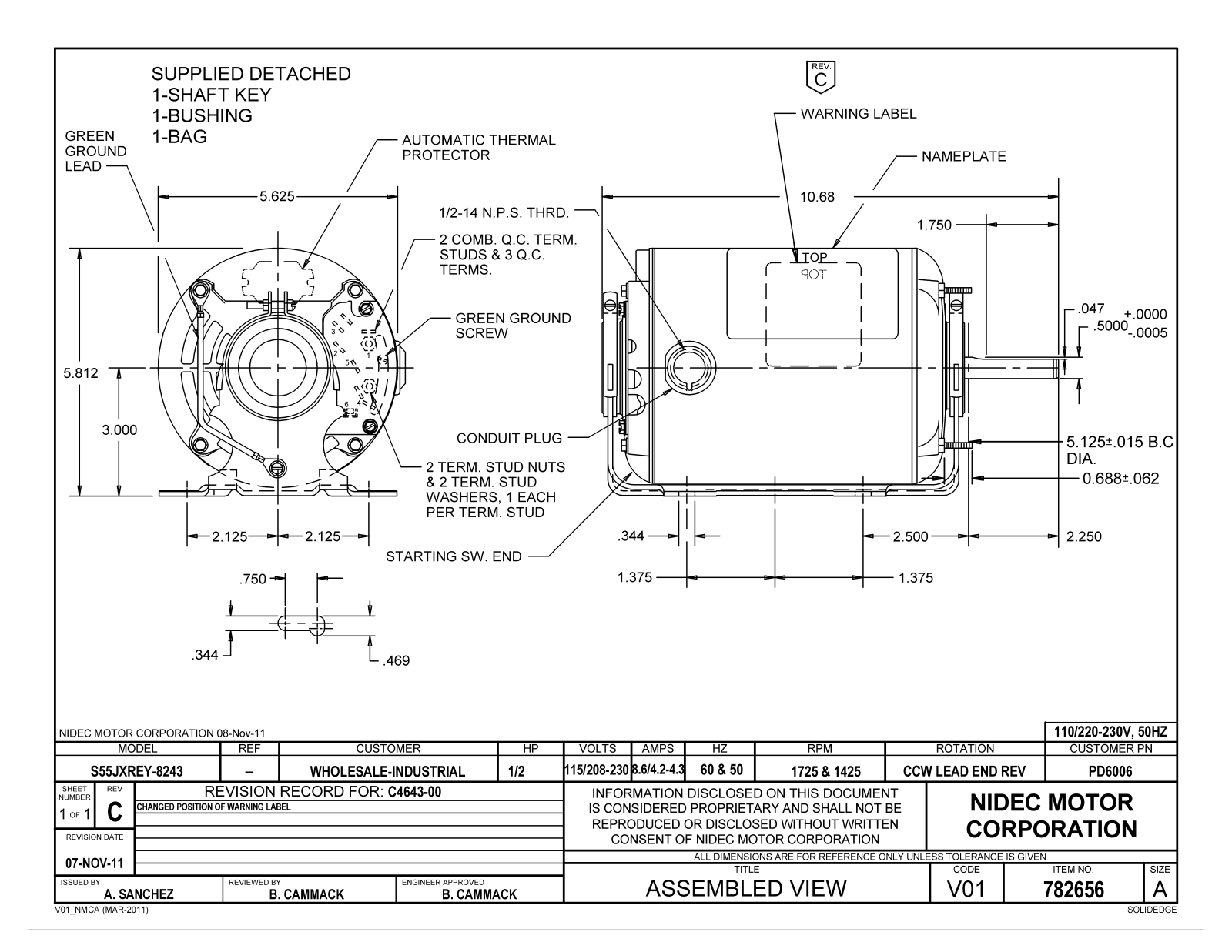 US Motors PD6006 Dimensional Sheet