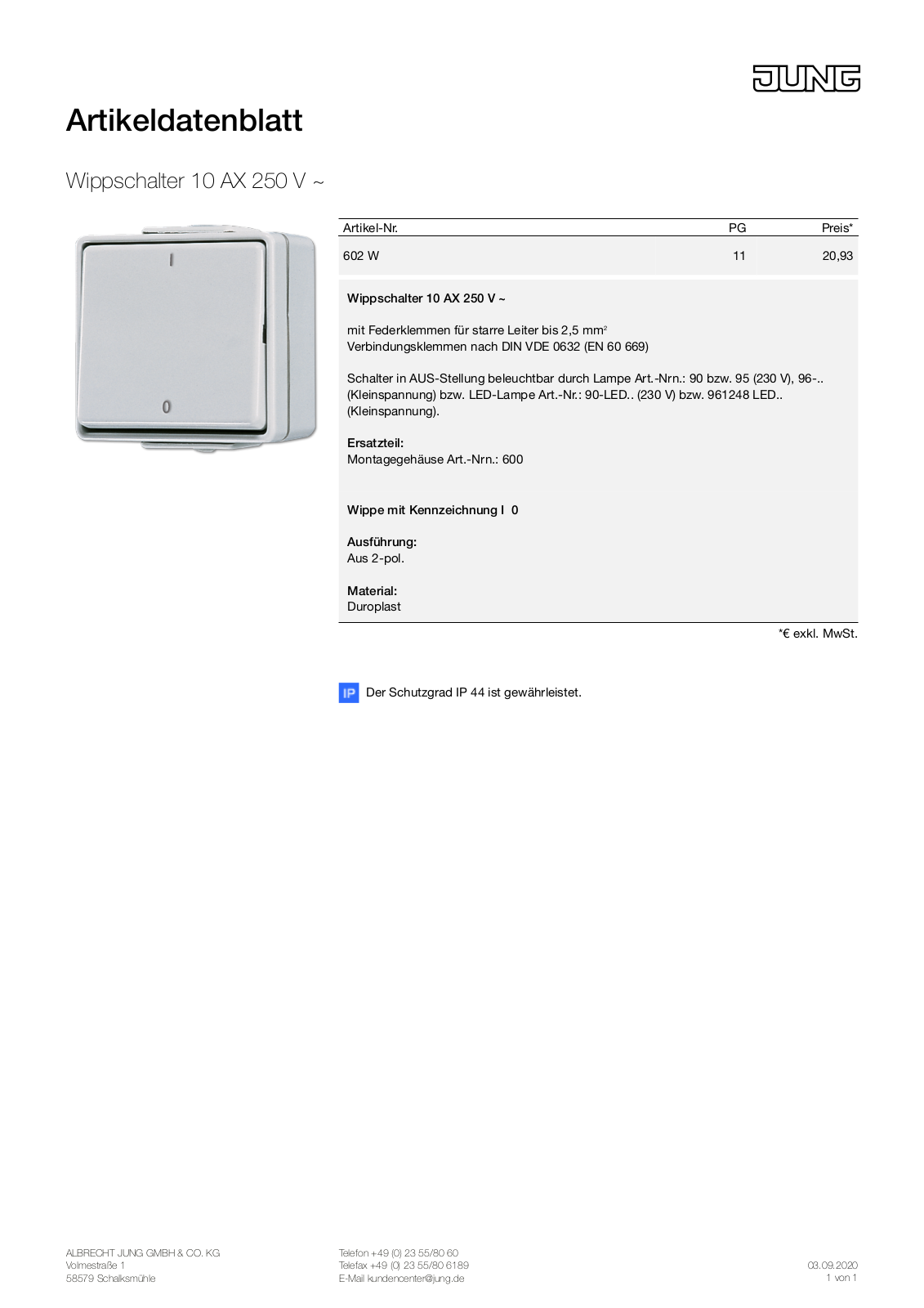 Jung 602 W Technical data