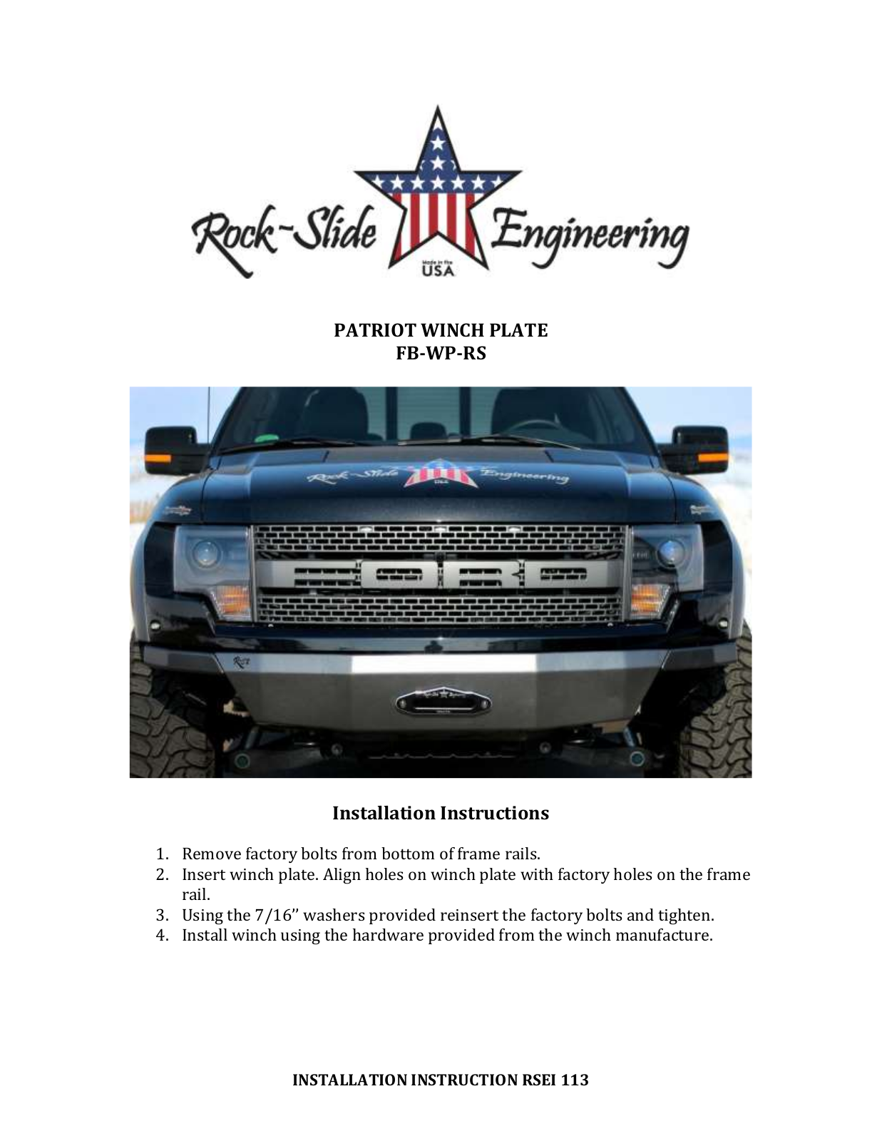 Rock-Slide Engineering PATRIOT SERIES – WINCH PLATE User Manual