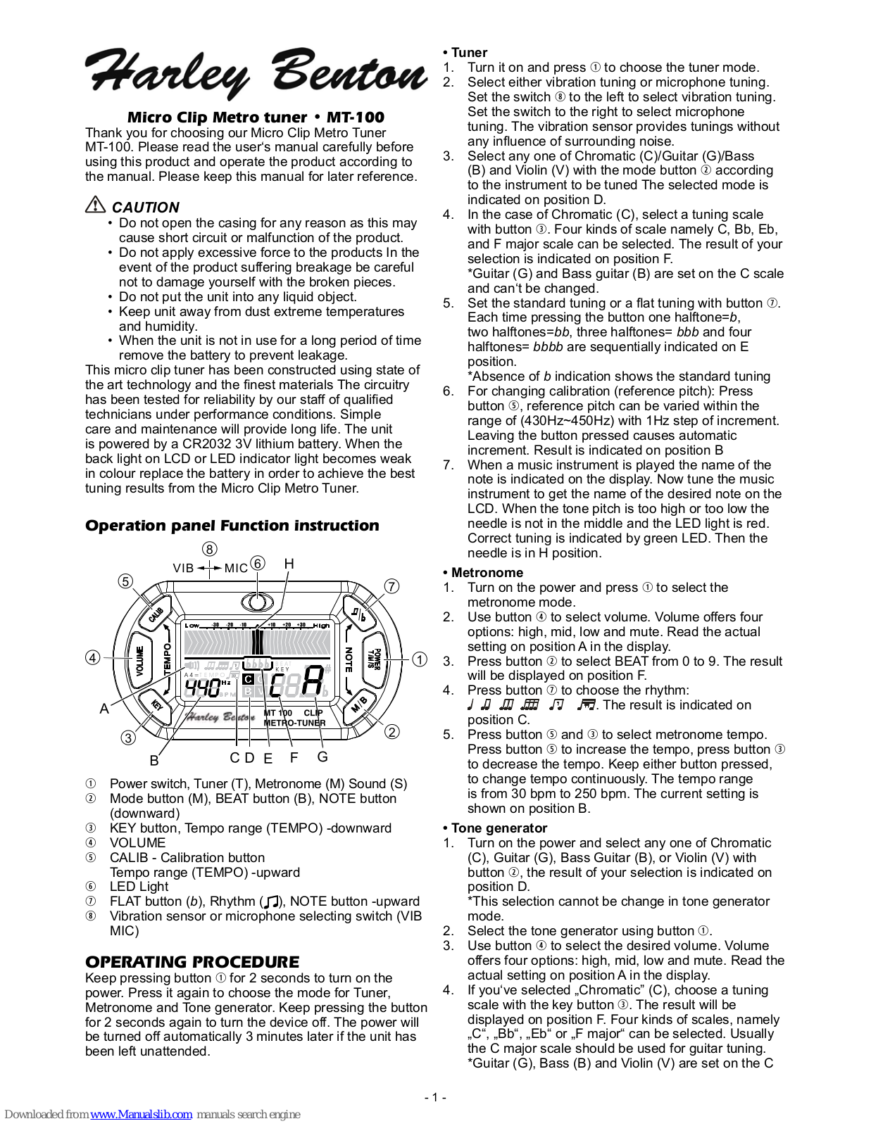 Harley Benton MT-100 User Manual