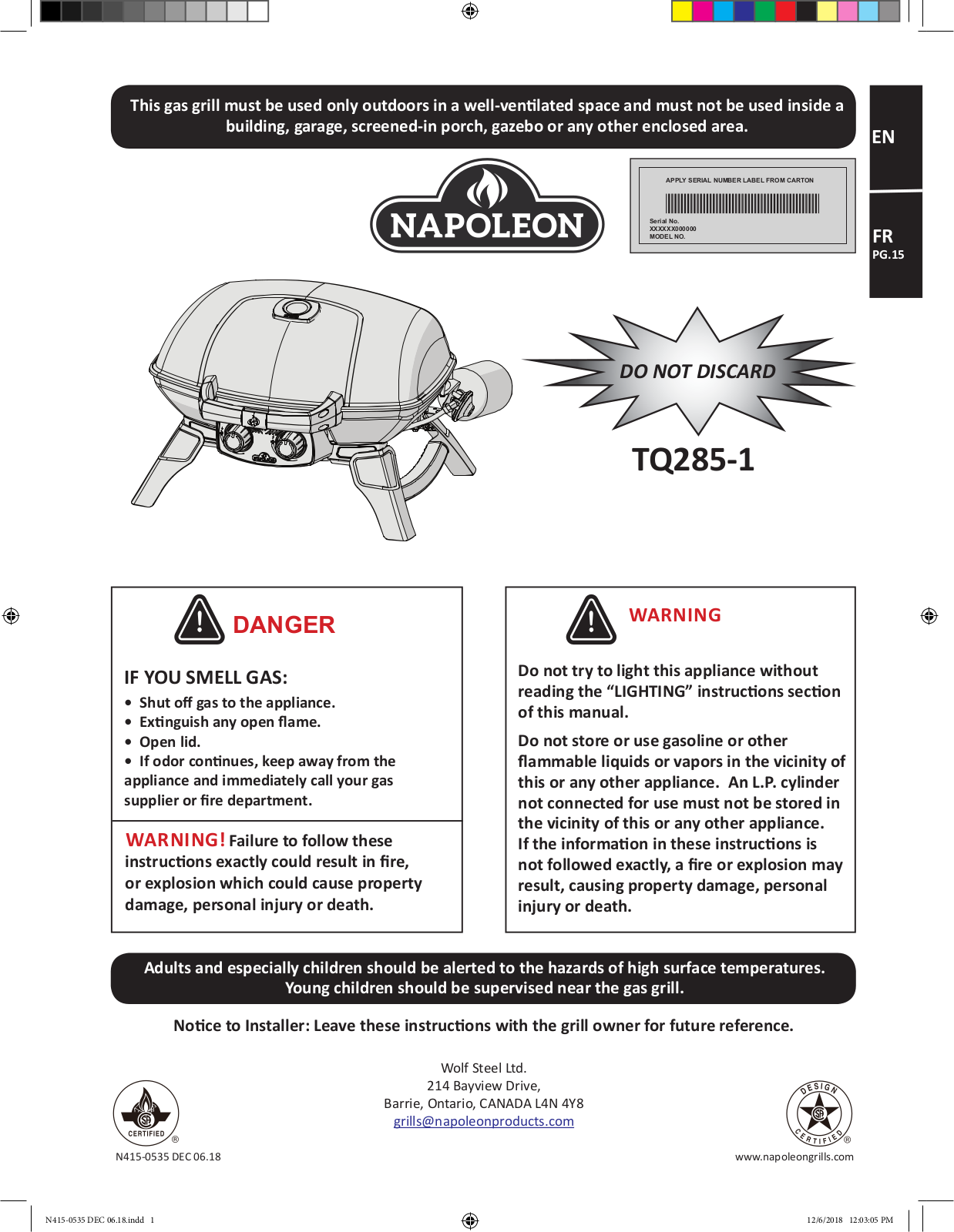 Napoleon TQ285RD1A, TQ285BL1 User Manual