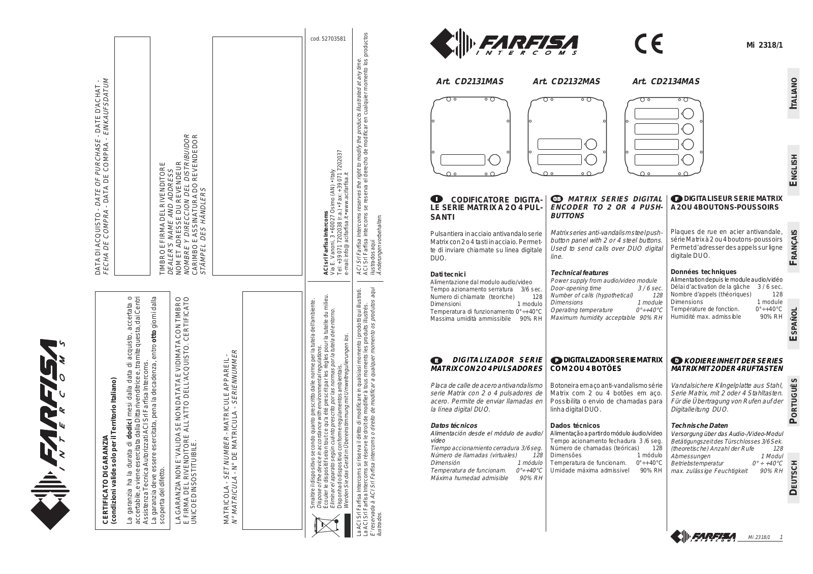 Farfisa CD 2131 MAS, CD2134MAS, CD2132MAS User Manual