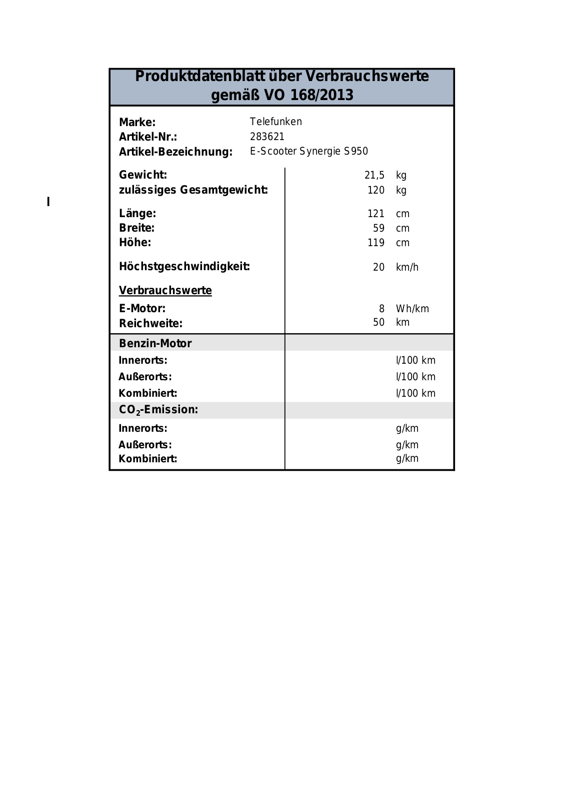 Telefunken S950 Technical data