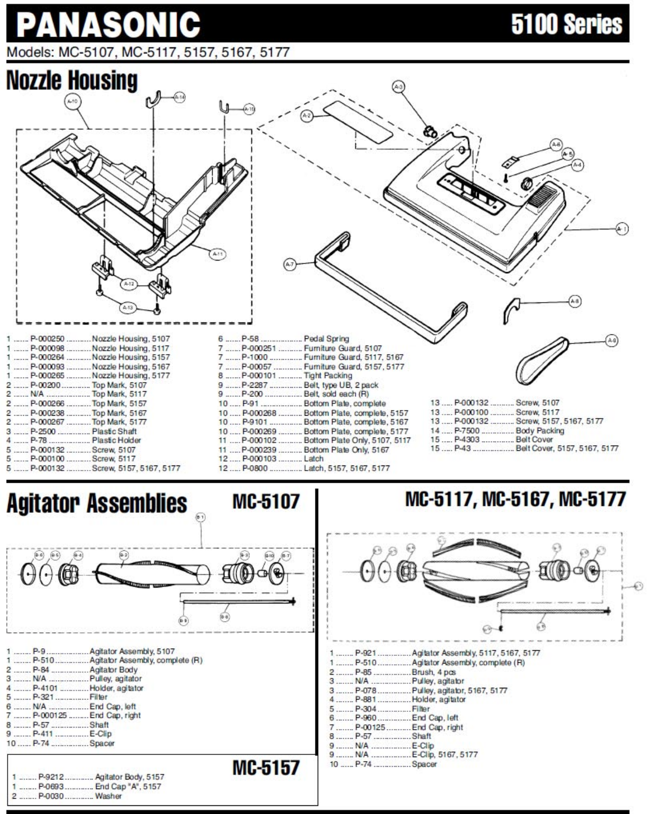 Panasonic 5107, 5117, 5157, 5167, 5177 Parts List