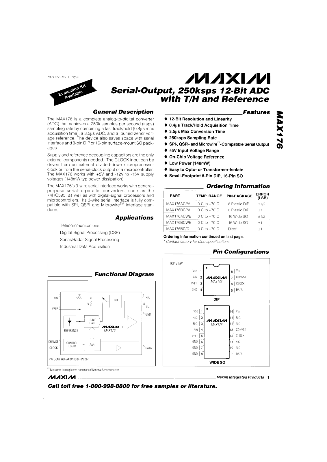 Maxim MAX176BMJA, MAX176BEWE, MAX176BCPA, MAX176BC-D, MAX176AMJA Datasheet